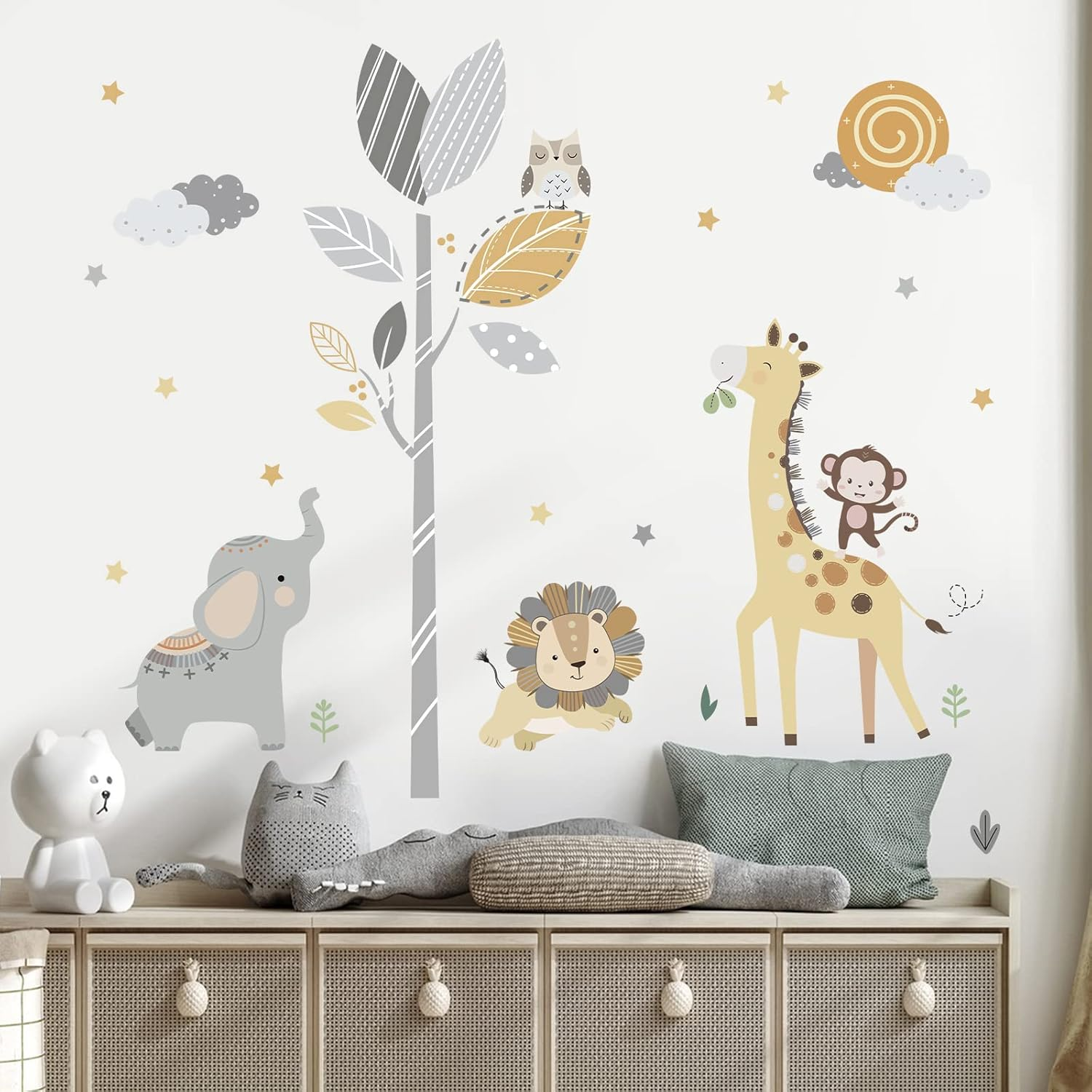 Decalmile Woodland Animals Tree Wall Stickers Fox Deer Owl Wall Decals Baby Nursery Kids Bedroom Living Room Wall Decor,Dm0936B