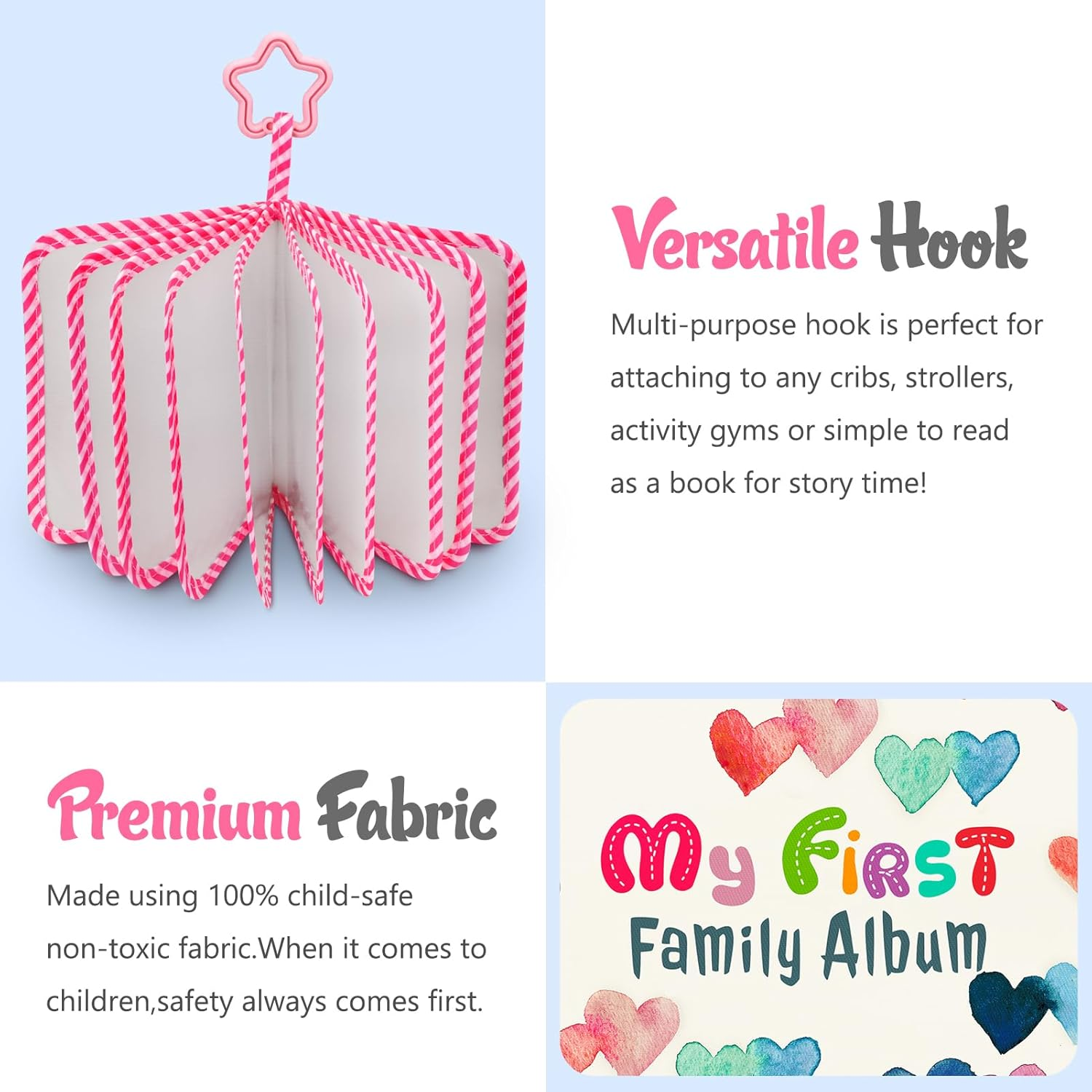 Fintie Baby Photo Album 4X6 Inch, 18 Photos My First Family Album Book with Soft Cloth Cover & Hook for Newborn/Toddlers/Kids/Baby Shower Memory Birthday Gifts, Raining Hearts image number 3