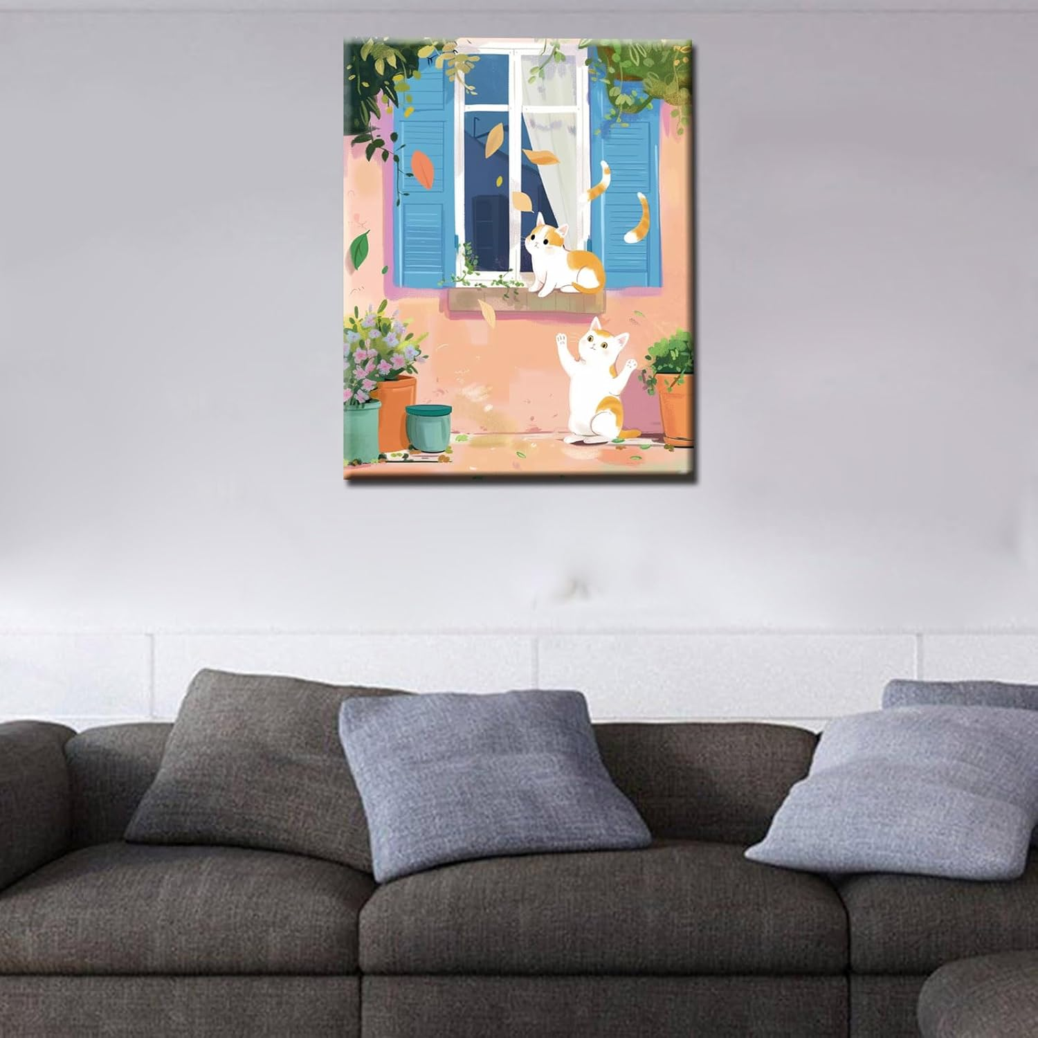 Two White Cats Painting Cute Animal Pet Paint by Number Kits 16 X 20 Inch Blue Window ,Flowers Digital Canvas DIY Oil Acrylic Painting for Kids Adults Beginner with Brushes Nordics Gift(Diy Frame) image number 6