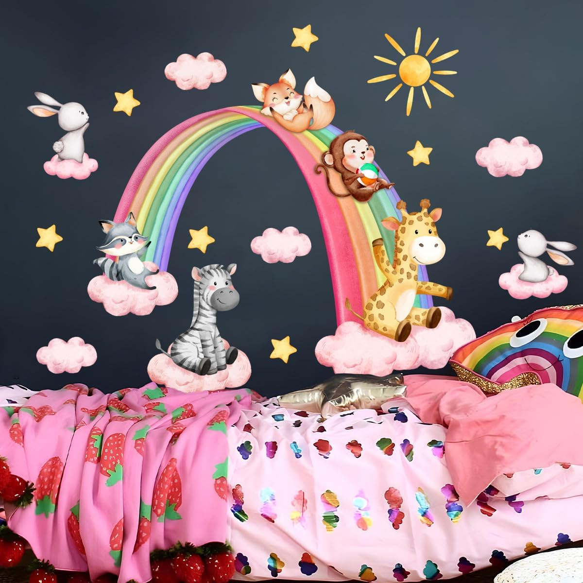 Large Rainbow Wall Stickers Jungle Animals Wall Decals, Kids Baby Girl Sun Cloud Wall Stickers for Bedroom Living Room Classroom Decor Colorful image number 3