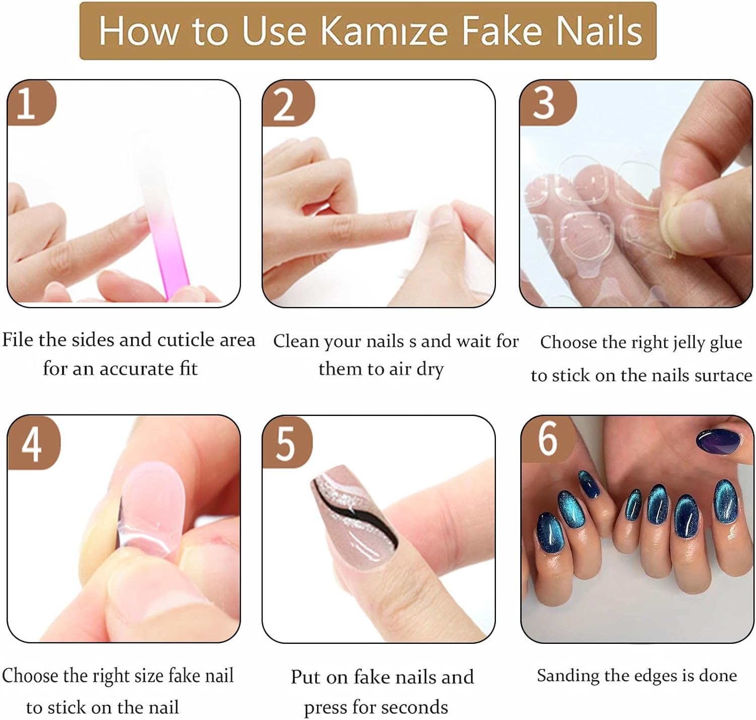 Xenophoer Short Press on Nails Oval Blue Cat Eye Fake Nails Acrylic Glue on Nails with Silver Glitter Designs Nails Press Ons for Women Daily Wear 24 Pcs image number 1