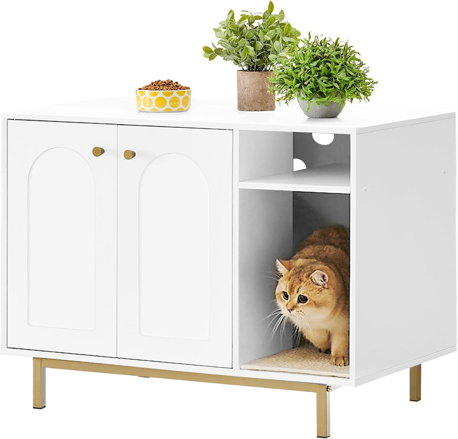 Hzuaneri Cat Litter Box Enclosure, Hidden Litter Box Furniture, Wooden Pet House Side End Table, Storage Cabinet Bench for Living Room, Bedroom, 31.5 X 19.7 X 23.9 Inches, White and Gold 01503GCLB