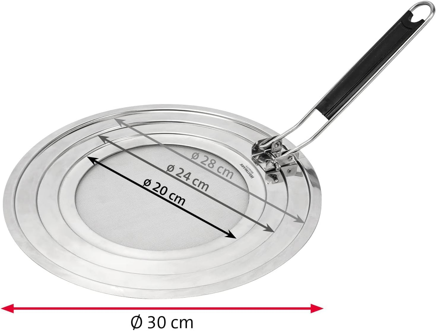 Westmark 12192270 Splash Guard for Pots and Pans with Diameter 20, 24 and 28 Cm, Heat-Insulated Handle, Stainless Steel, Silver/Black image number 5