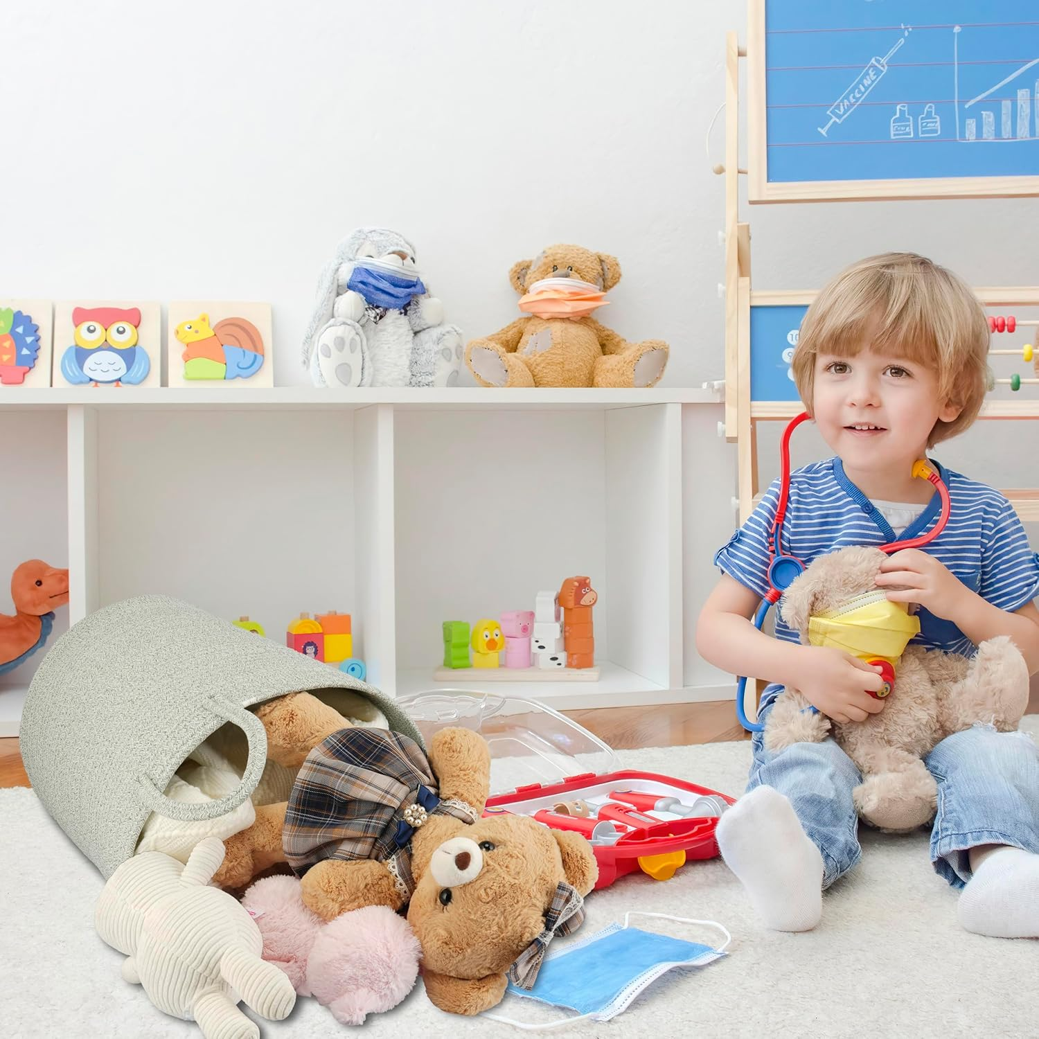 Large Laundry Hamper, Laundry Hamper for Toys, XICEN Tall Woven Laundry Basket for Clothes, Blanket Storage Basket for Living Room, 38Cm * 45Cm (Green) - Brown White image number 5