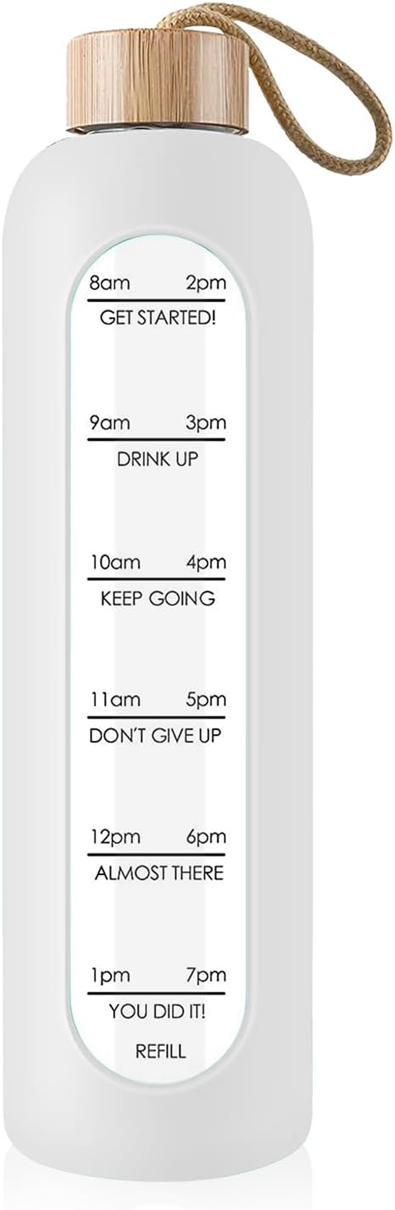 Glass Water Bottle 1 L with Time Markings - 1 Litre Leak-Proof Sports Glass Water Bottle with Bamboo Lid for Sports, Leisure, 1000 Ml Reusable Shatterproof Silicone Cover Water Bottle (White) - Blue image number 7