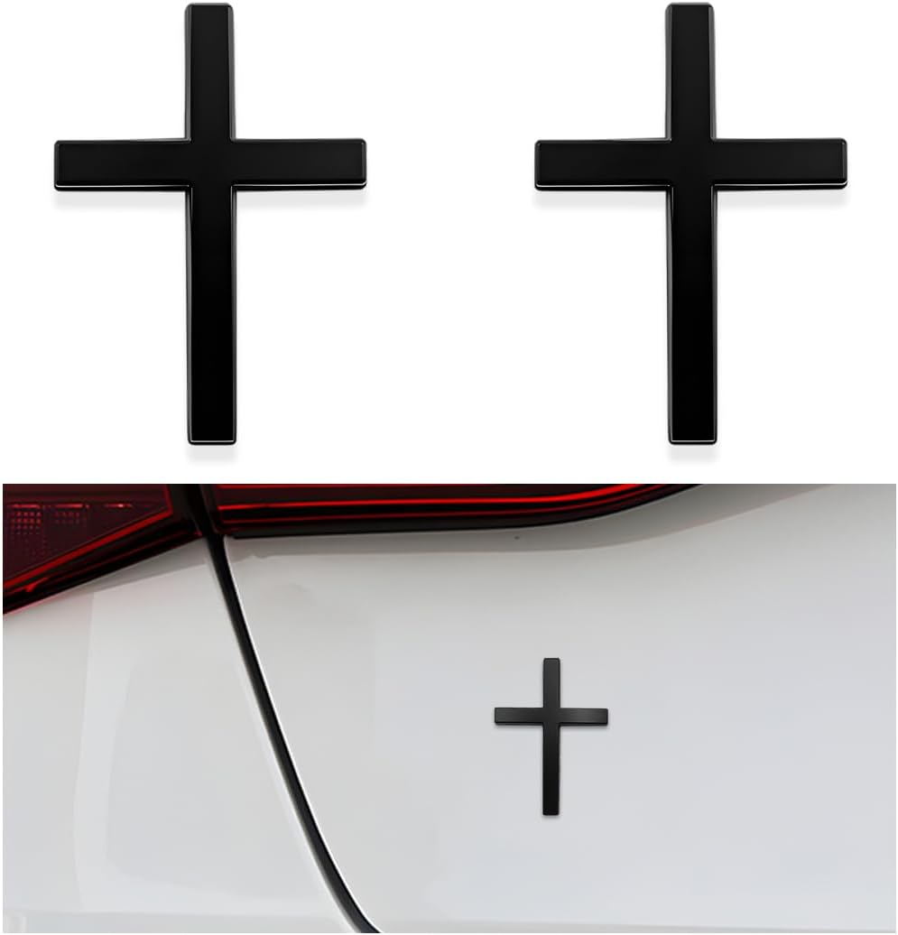 DXNQ 2PCS Metal Jesus Christ Cross Badge Stickers, 2.5"&times;1.8" Alloy 3D Individual Car Cross Sticker, Self Adhesive Scratch Covering Metal Cross Auto Emblem Decal for Car Body Fender Tail (Silver)