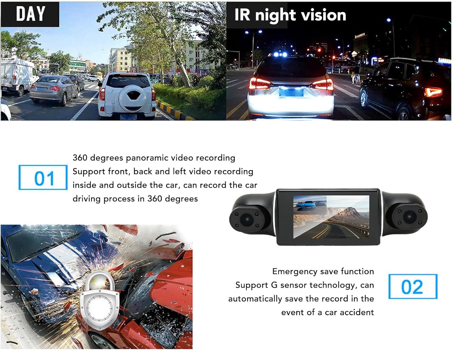 Dash Cam Front and Rear, 4 Channel Camera Car Recorder 3 Inch Display HD 1080P, IR Night Vision 360 Degrees Panoramic for Vehicle image number 4