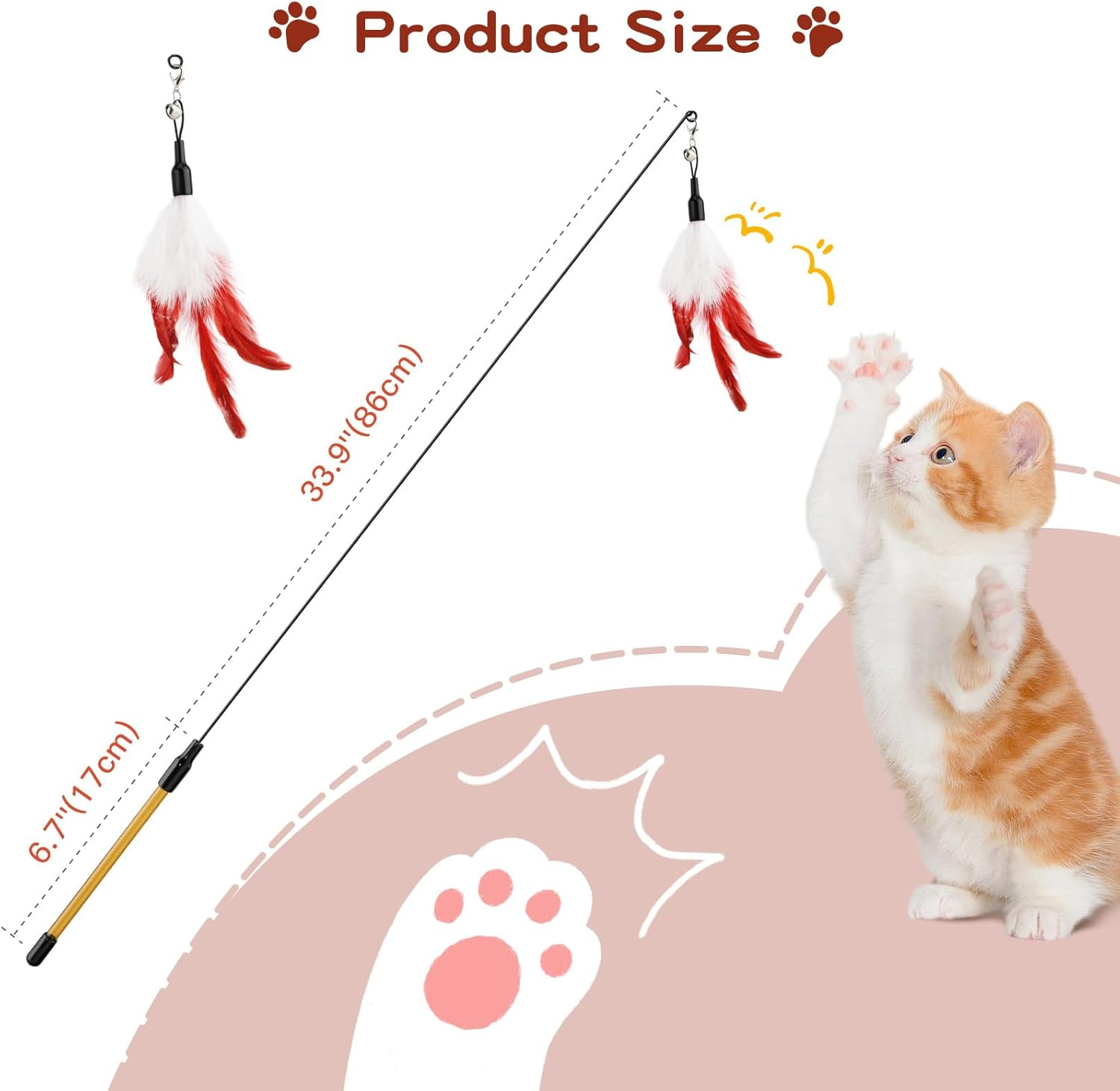Pawaboo Feather Teaser Cat Toy, Interactive Feather Wand Cat Toy Flying Feather Cat Catcher with Extra Long 31.5" Wand and Small Bell, Exerciser Playing Toy for Kitten or Cat, Wine Red & White Feather image number 4