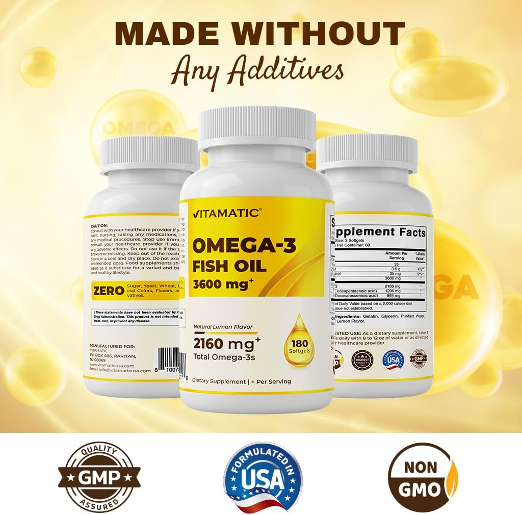 Vitamatic Triple Strength Omega 3 Fish Oil 3600Mg per Serving, 2160Mg Omega 3 Fatty Acids, 1296Mg EPA + 864Mg DHA, Burpless Lemon Flavor, 180 Softgels image number 5