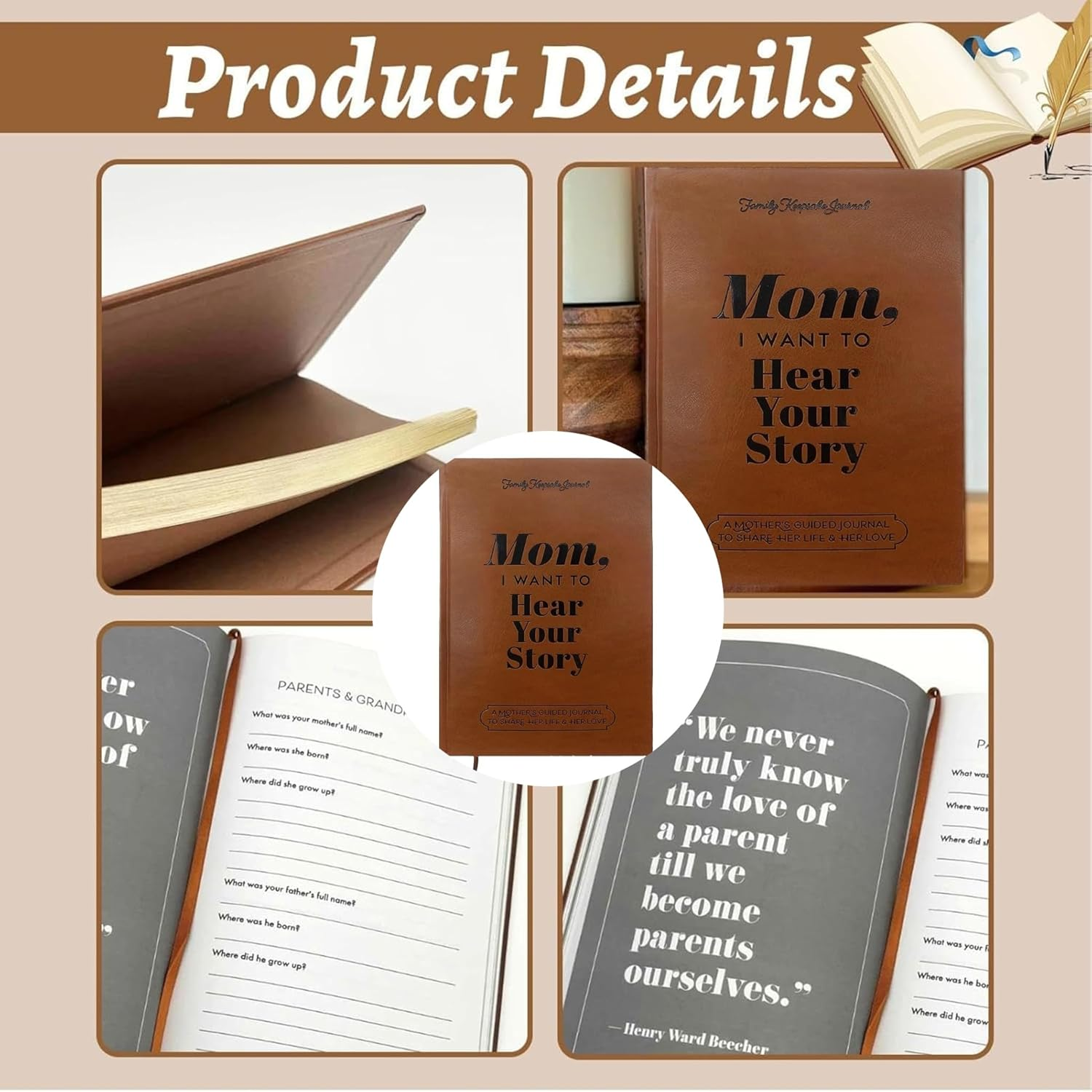 I Want to Hear Your Story, Family Keepsake Guided Journal, Brown Leather Look,Hear Your Story Notebooks, Gift with Ribbon Bookmark (Mother'S Notebook) image number 4
