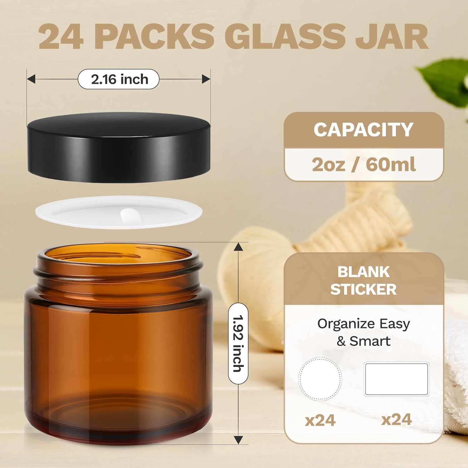 Bumobum 2 Oz Small Glass Jars with Lids, 24 Pack Amber Glass Cosmetic Jars with Inner Liners, 60Ml round Empty Sample Containers for Cream, Salve, Powders and Ointments Storage image number 6
