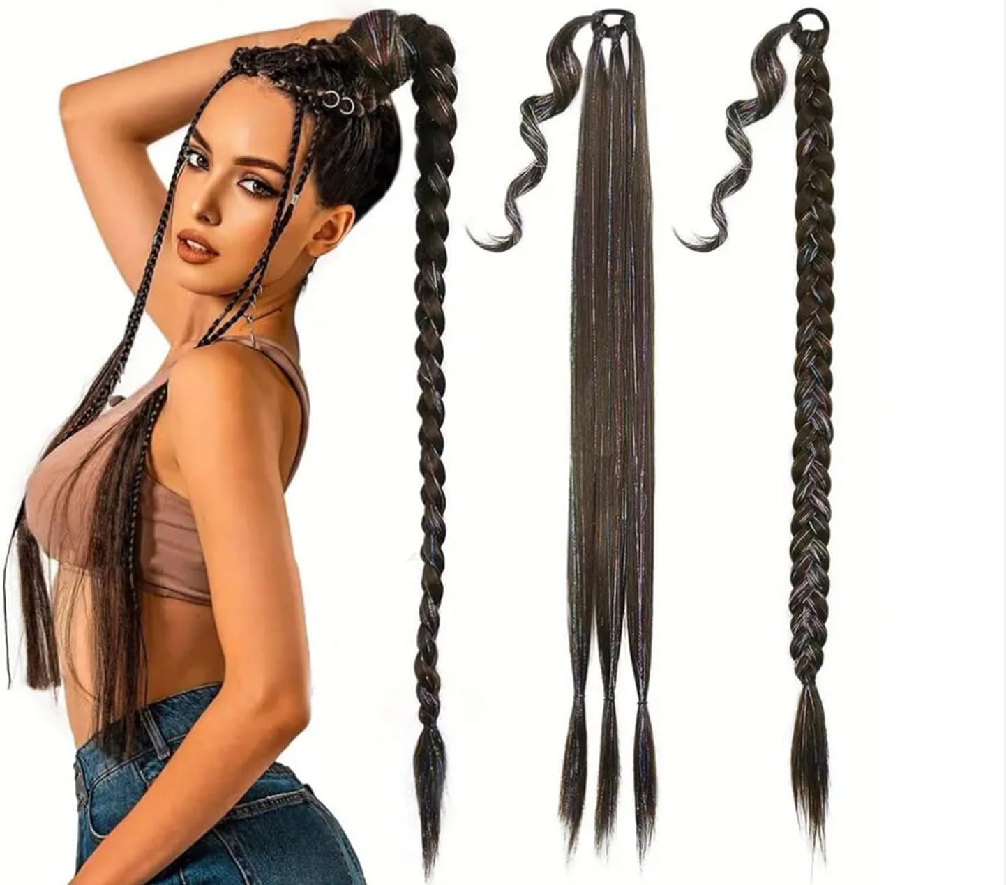 Braid Ponytail Extension with Glitter Hair Tinsel, 34" Long Straight DIY Braid Hair Extension with Hair Tie, Wrap around Hair Extensions Ponytail Natural Synthetic Hairpiece Black Brown image number 4