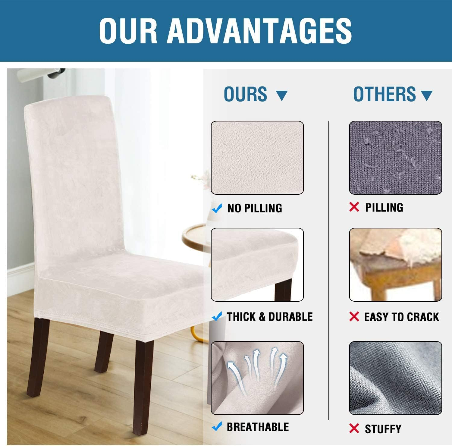 Smarcute Stretch Velvet Dining Chair Covers Set of 6 Chair Covers for Dining Room Parsons Chair Slipcover Chair Protectors Covers Dining, Feature Thick Soft Velvet Fabric, N.Ivory image number 5