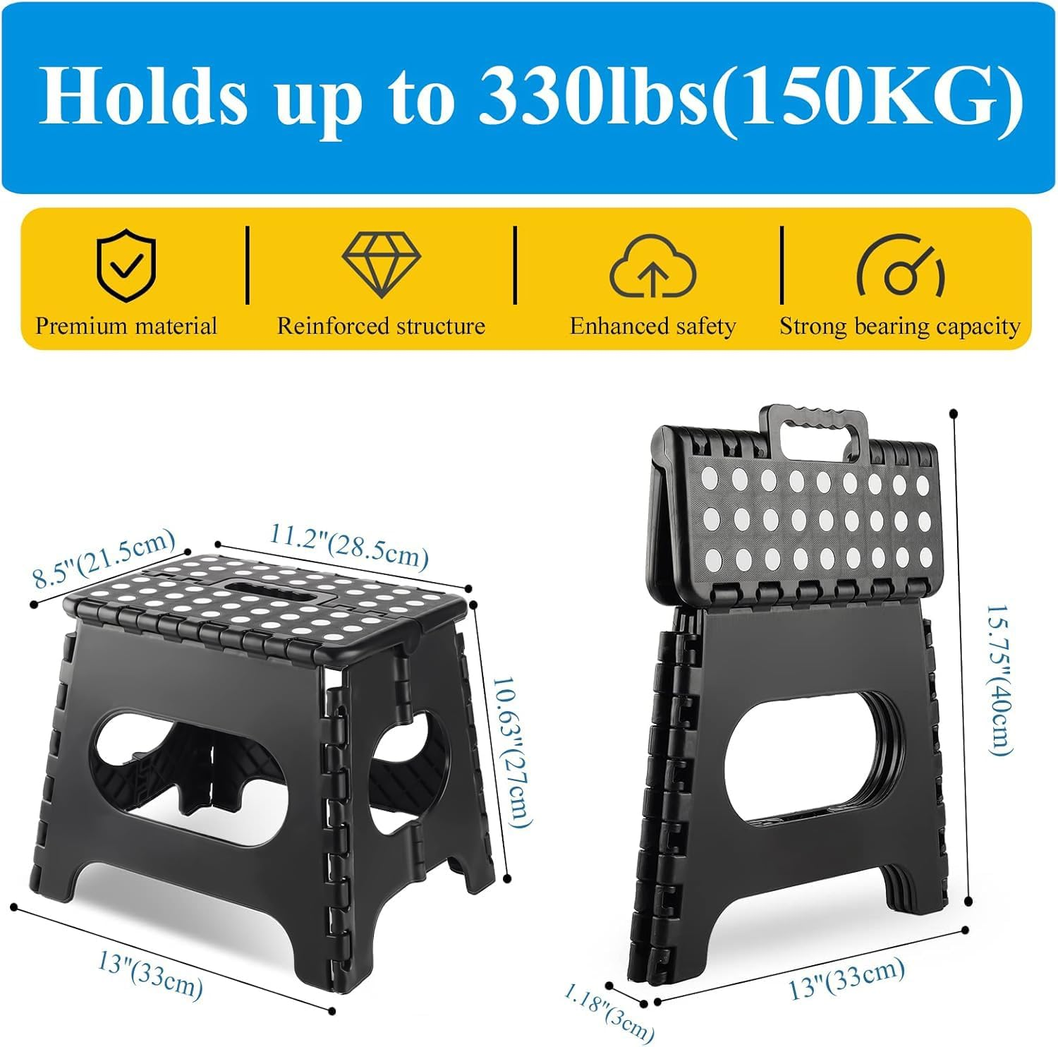 Folding Step Stool, 11 Inch Foot Stool for Kids Adults - Holds up to 330 Lbs, Lightweight Foldable Step Stool with Anti-Slip Surface, Carry Handle for Home Indoor Outdoor (Black) - Light Grey image number 7