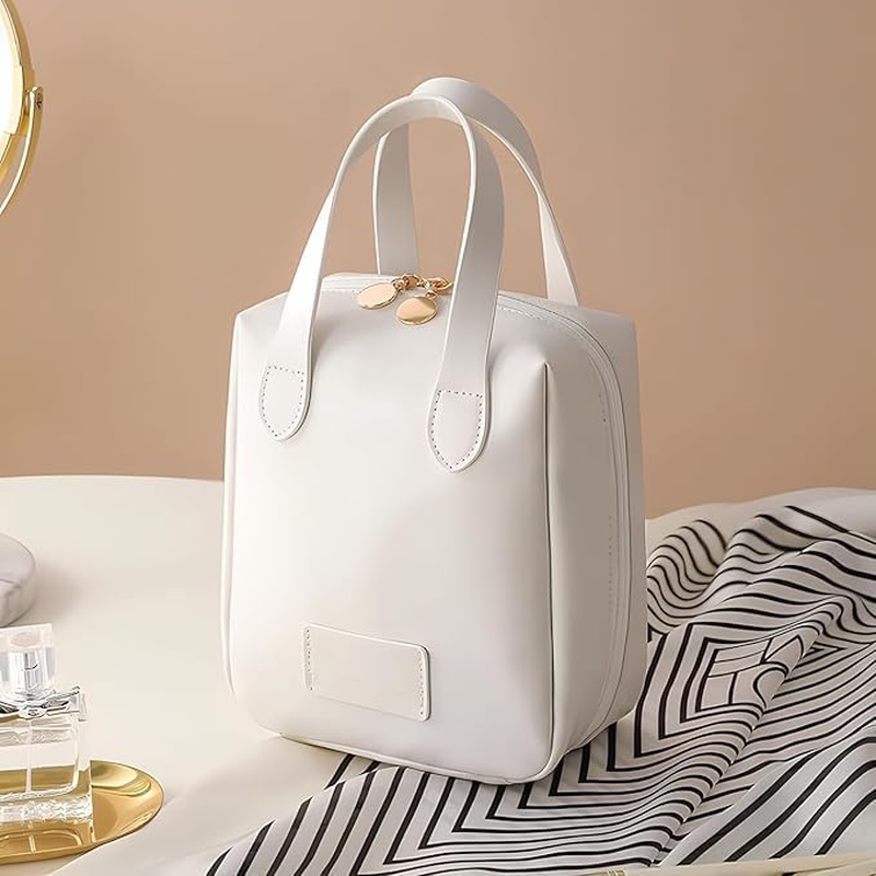 Travel Makeup Bag,Large Capacity Cosmetic Bags for Women,Waterproof Portable Pouch Open Flat Toiletry Bag Make up Organizer with Divider and Handle for Women and Girls Gifts (White) - Pink image number 2