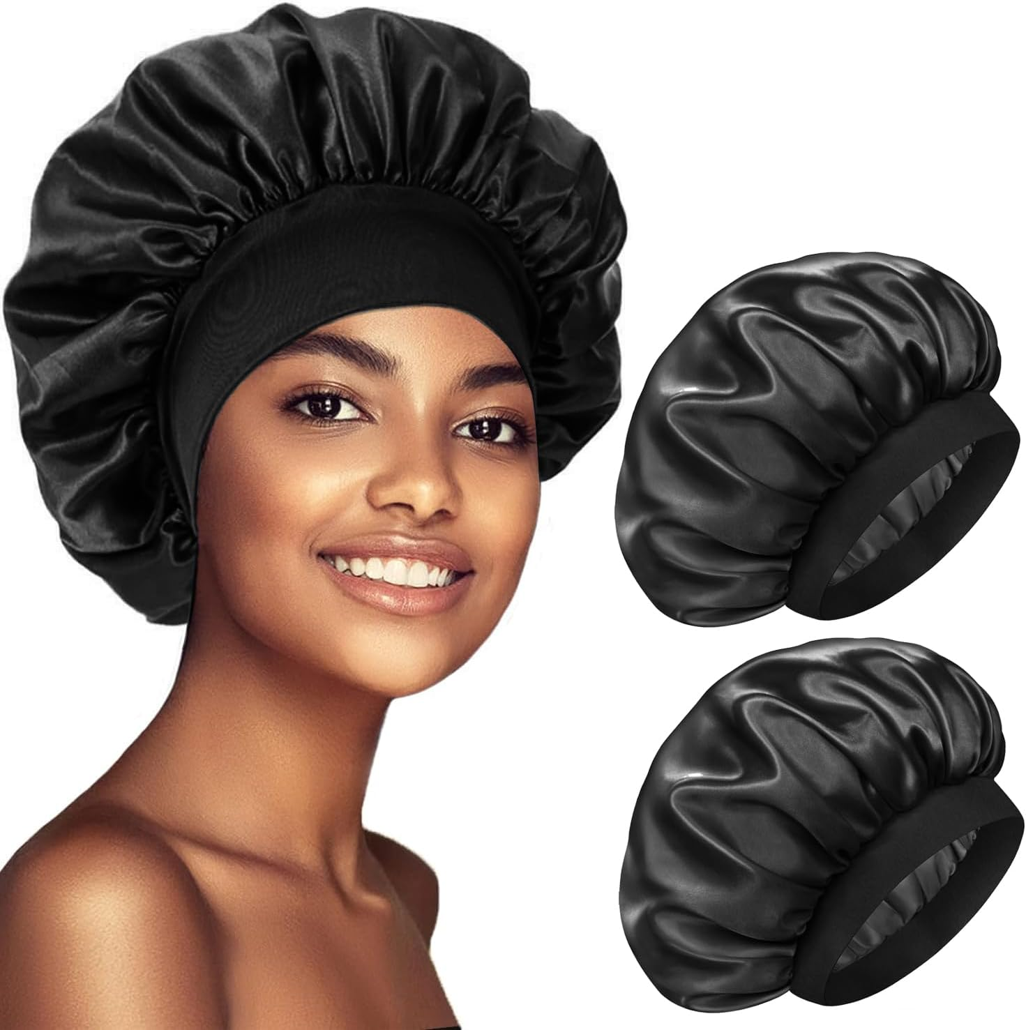 Mumoo Bear [2 Pcs] Satin Silk Hair Bonnet with Wide Elastic Band, Bonnet Silk Wrap for Sleeping, Soft Head Cover Sleep Hat Night Shower Cap for Women Men Curly Hair image number 6