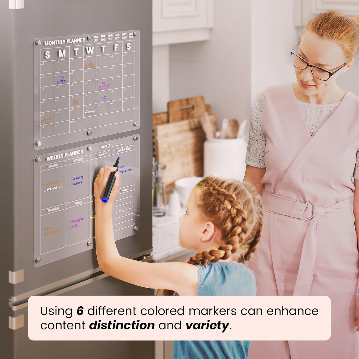 Clear Acrylic Magnetic Calendar for Fridge - 2Pcs 16"X12" Magnet Monthly and Weekly Wet Erase Board for Refrigerator Reusable Planner Includes 6 Colorful Markers,Magnetic Pen Holder and Erase Towel image number 1