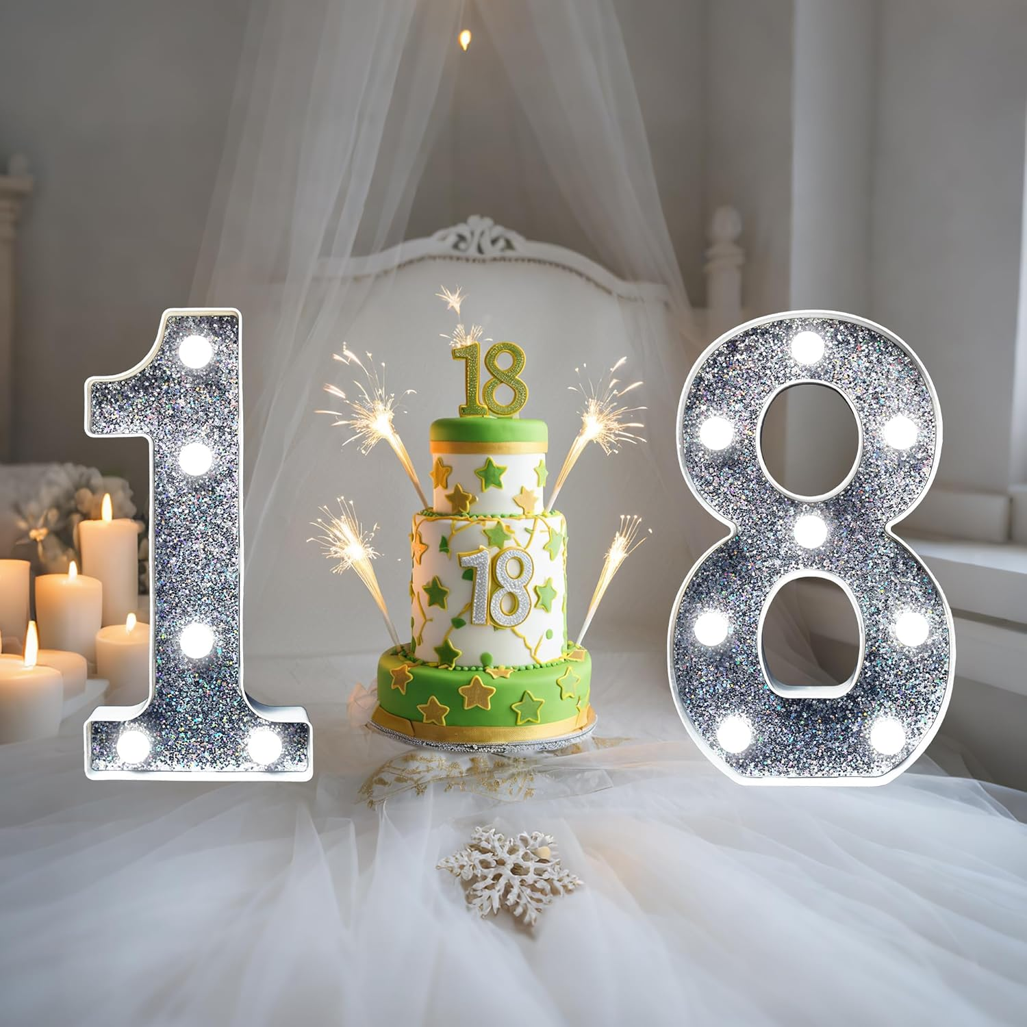JEMESI LED Number Light - Light up Silver Glitter Number Lights Sign Perfect for Use as a Night Light or at Wedding Birthday Party Home Decoration (Number 6) - Silver image number 6