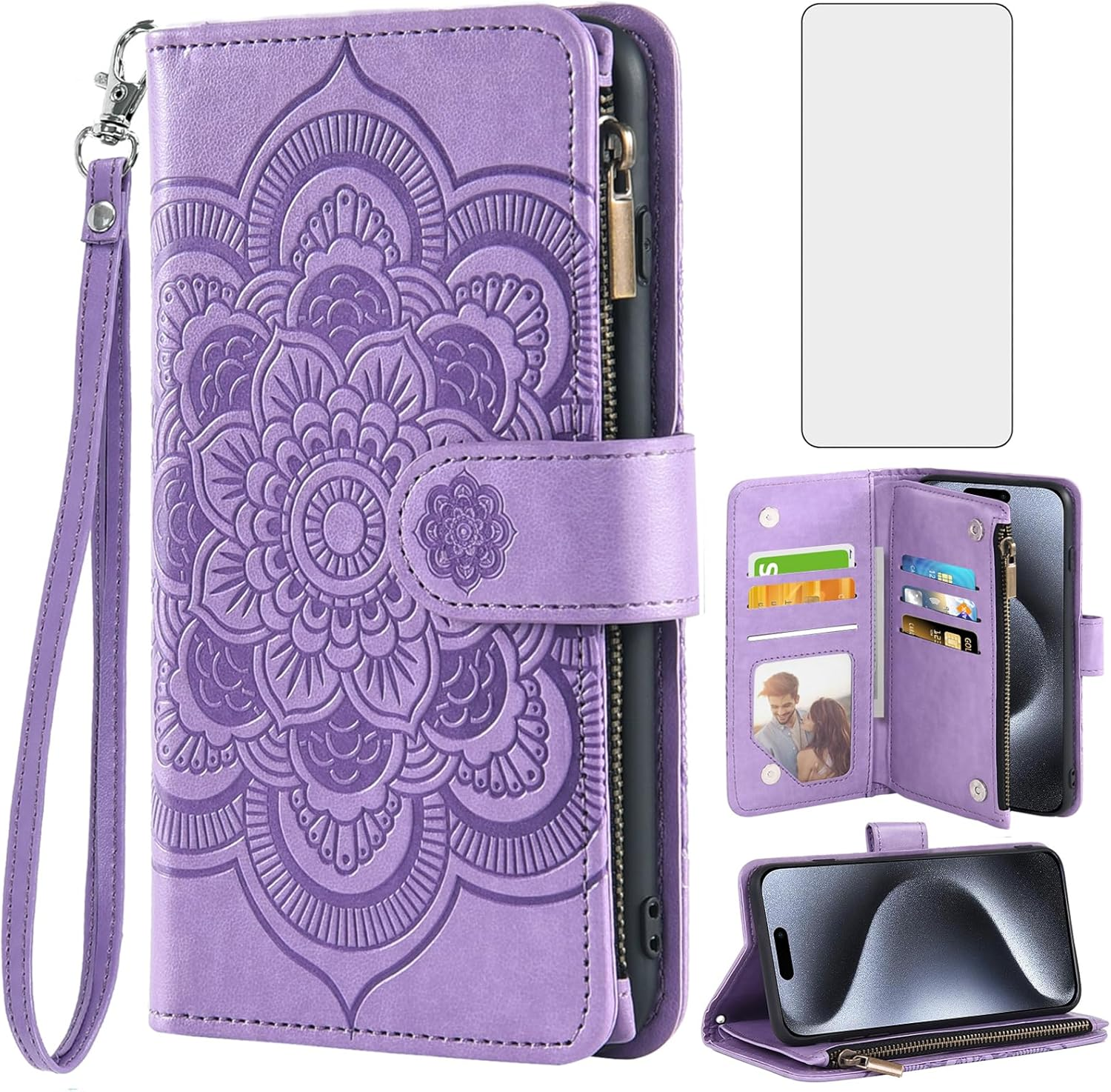 Asuwish Compatible with Iphone 15 Pro 6.1 Inch Wallet Case and Tempered Glass Screen Protector Flip Credit Card Holder Cell Phone Cover for Iphone15Pro 5G I I-Phone I15 Iphone15 15Pro Women Men Purple