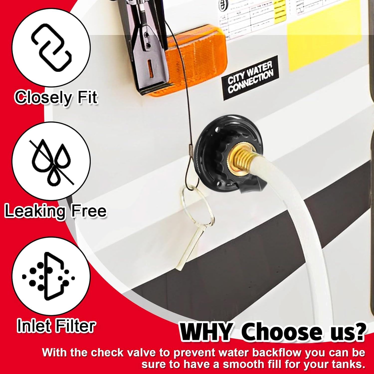 RV City Water Inlet with Check Valve, 3/4 NH Female to 1/2 NPT Male Black Flange RV Fresh Water Inlet, Lead-Free Brass RV Water Connection Inlet with Dust Plug for RV Camper Motorhome Trailer Marine image number 5