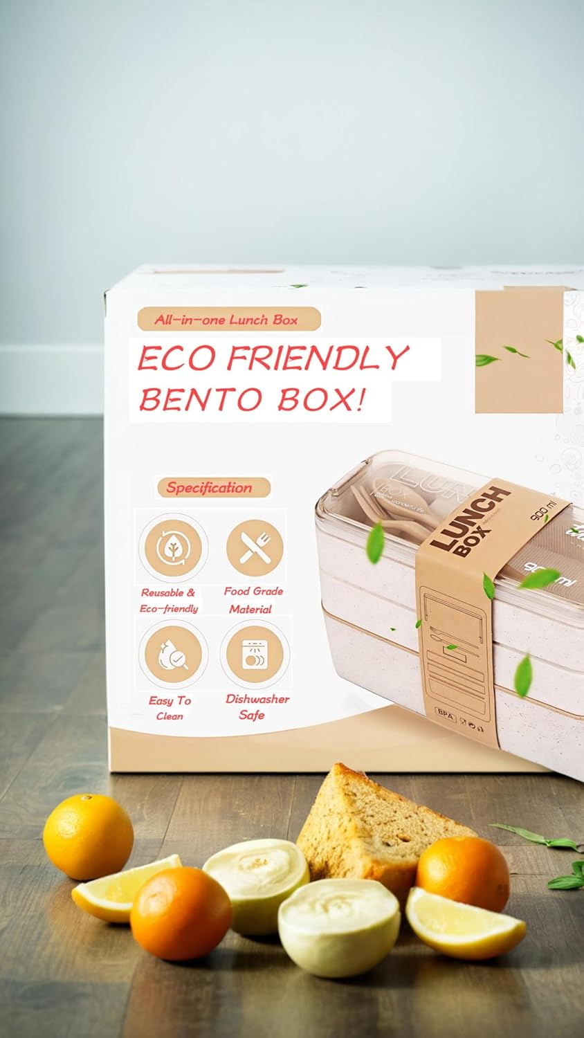 Honwor Leakproof Bento Box for Kids & Adults | 3-In-1 Meal Prep Container | Dishwasher Safe | Japanese Style | Beige | Easy Food Portioning & Storage image number 1