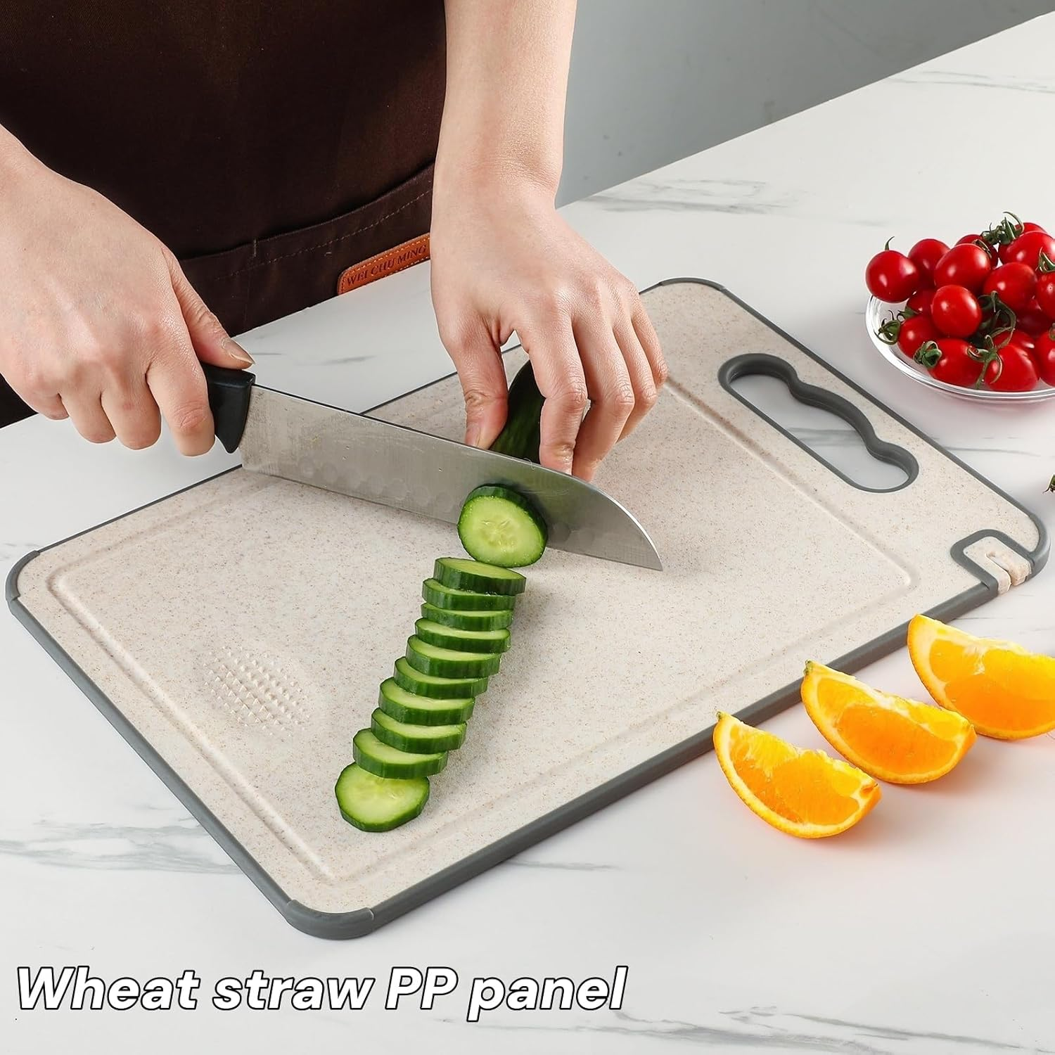 CHDEXU Double Sided Cutting Board for Kitchen, 304 Stainless Steel and Wheat Straw Chopping Board for Meat Vegetables Fruit, Cutting Boards with Handle and Non Slip Design