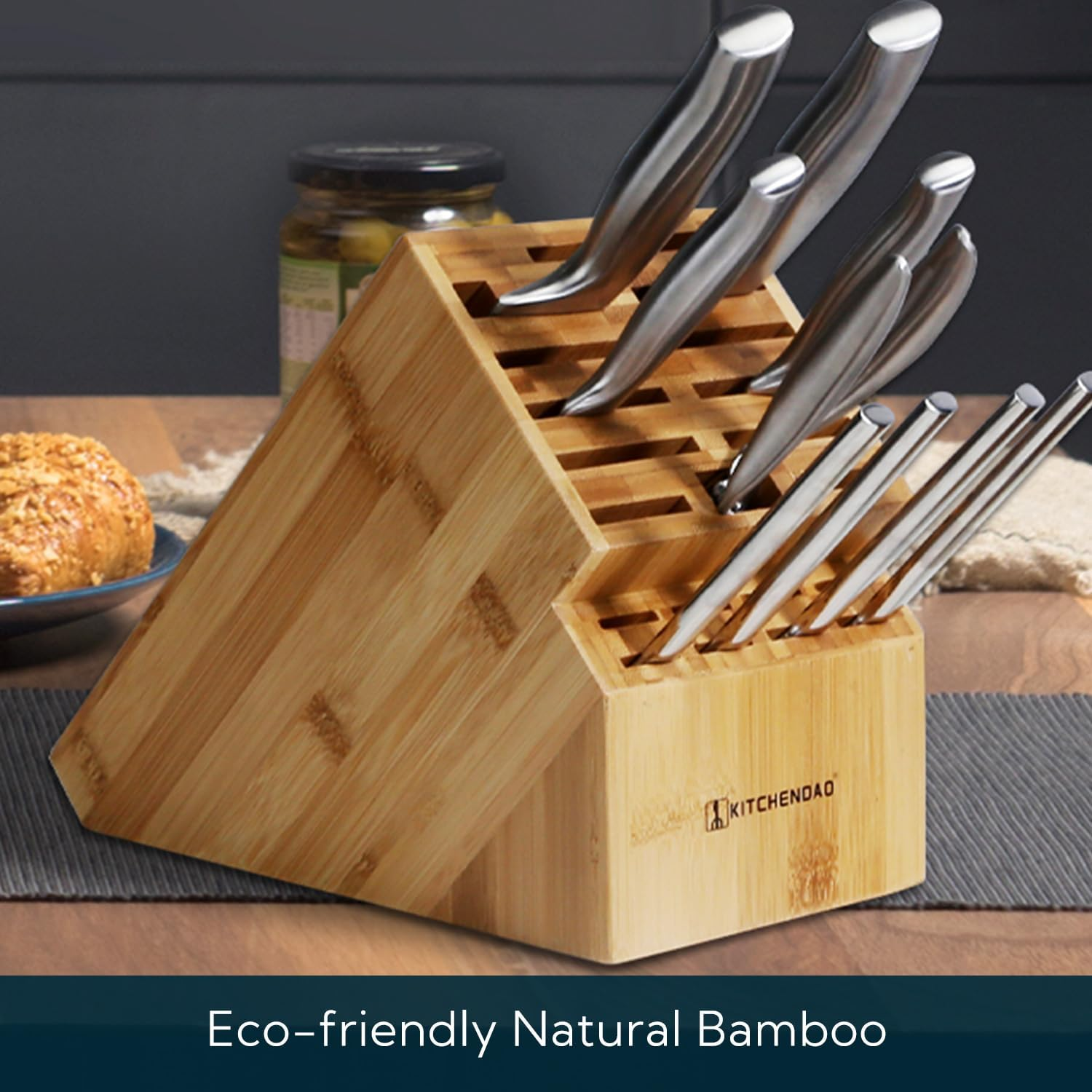 KITCHENDAO Deluxe 20 Slot Bamboo Knife Block without Knives, Countertop Butcher Block Kitchen Knife Stand, Hold Multiple Large Blade Knives, Wider Slots for Easier Storage image number 2