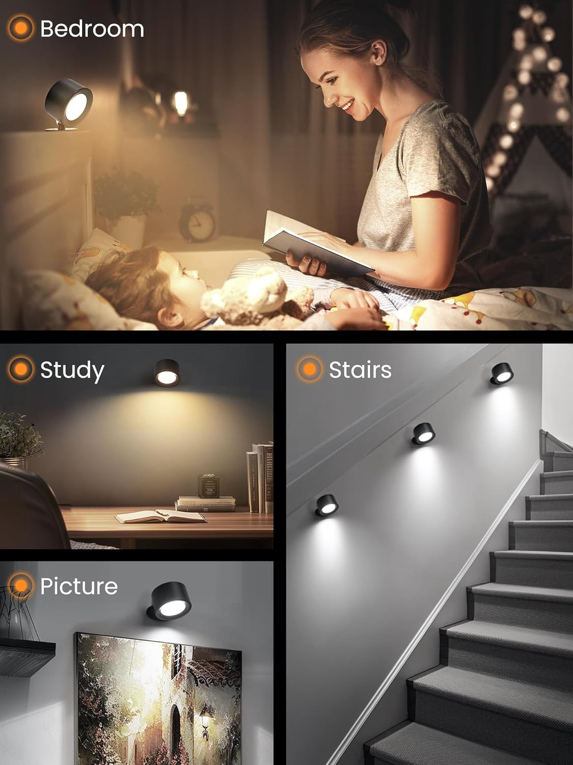 LED Wall Sconces Battery Operated 360&deg; Rotation Decor Wall Mounted Cordless Lights, 3 Color Temperatures & Dimmable, Wireless Magnetic Picture Lights Bedside Wall Lamps Bedroom, Livingroom-Black - Wood image number 3