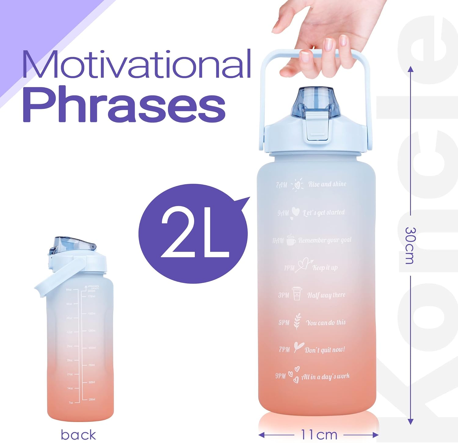 Water Bottle, Koncle Motivational Water Bottle, Large Capacity Drinking Bottle with Time Straw & Marker, Reusable Leakproof Water Jug,2L Blue and Orange image number 6