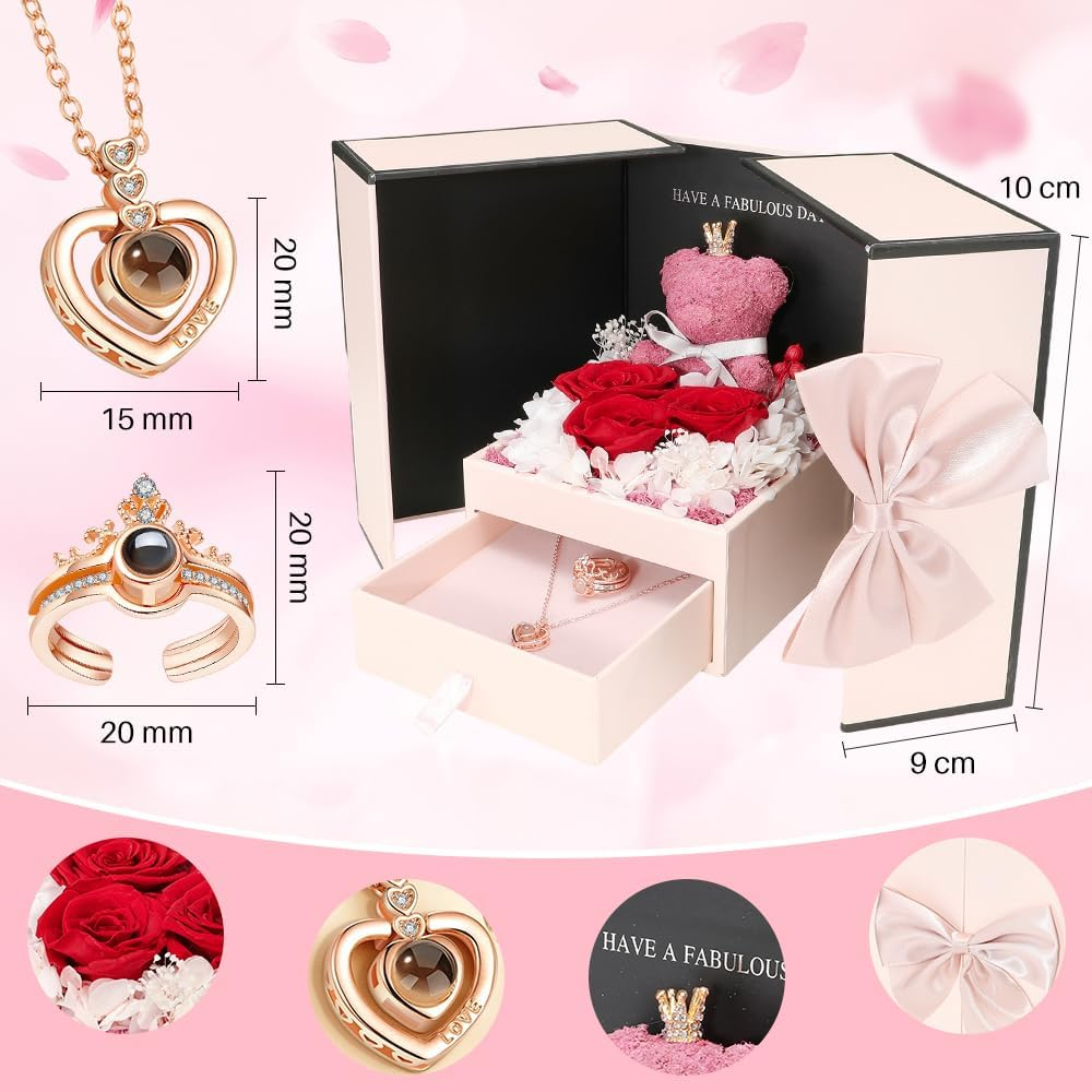 AUTOWT Preserved Rose Gifts for Women, Pink Eternal Flower Rose Box with I Love You Necklace and Ring, Romantic Gifts for Mom Grandma Wife Sweetheart on Mother&rsquo;S Day Valentines Christmas Anniversary image number 5