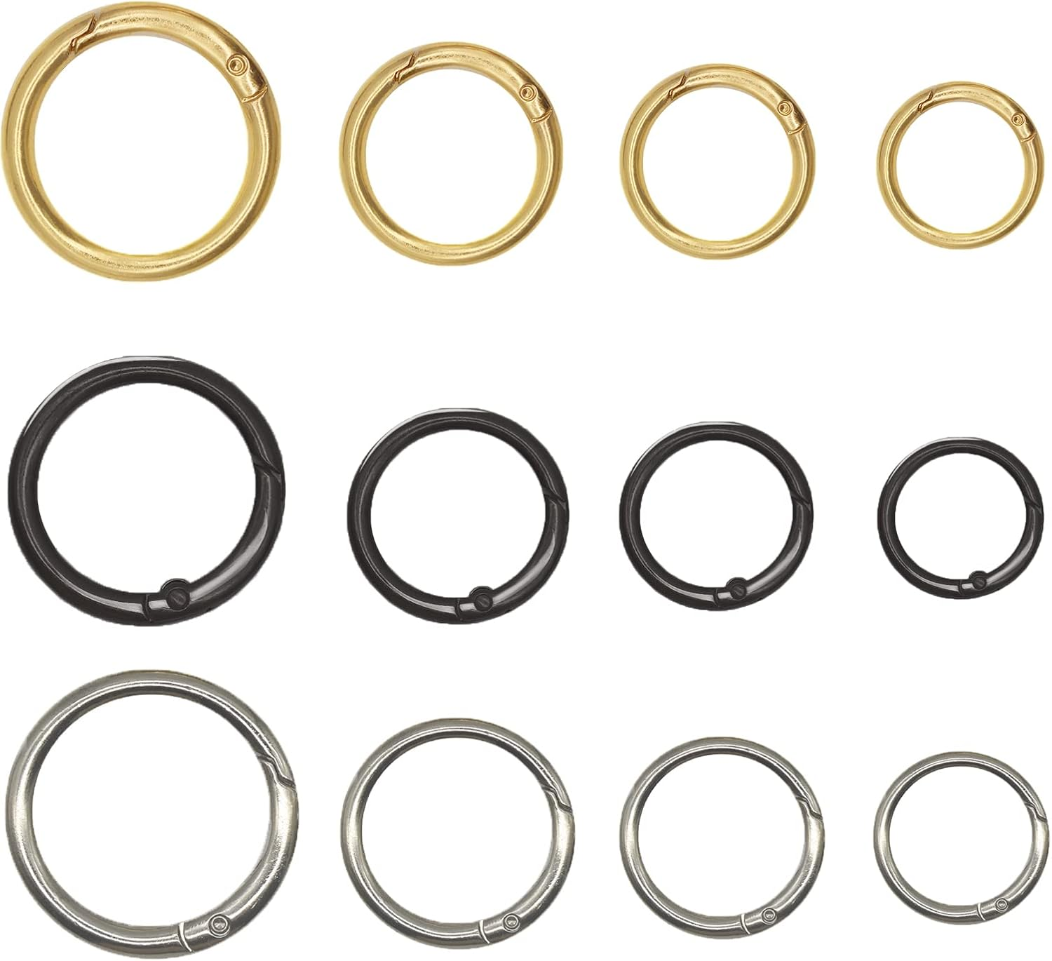 Maydahui 24PCS Spring O Ring Zinc Alloy Spring Clip 4 Size (0.8,0.98,1.1,1.3Inch) 3 Colors round Carabiner Snap Hook Key Ring Circle Trigger Rings Multi-Purpose for Handbag Purse Dog Leashes (Gold, Silver, Black) image number 2
