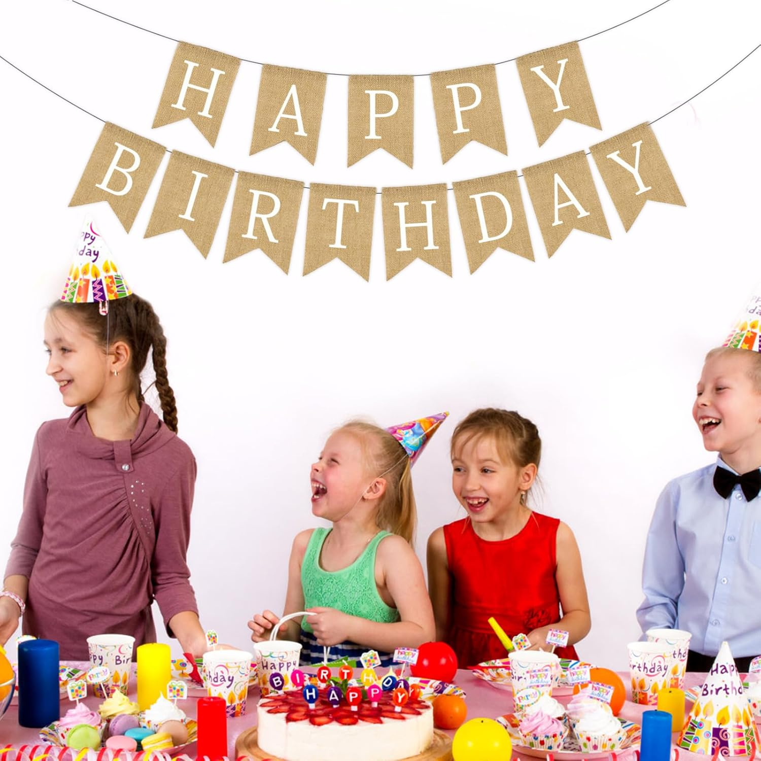 Chris.W Happy Birthday Banner, NO DIY Rustic Burlap Happy Birthday Sign with White Letters, Pre-Strung Bday Hanging Decoration for Women Men Girl Boy Birth Day Backdrop Party Supplies image number 2