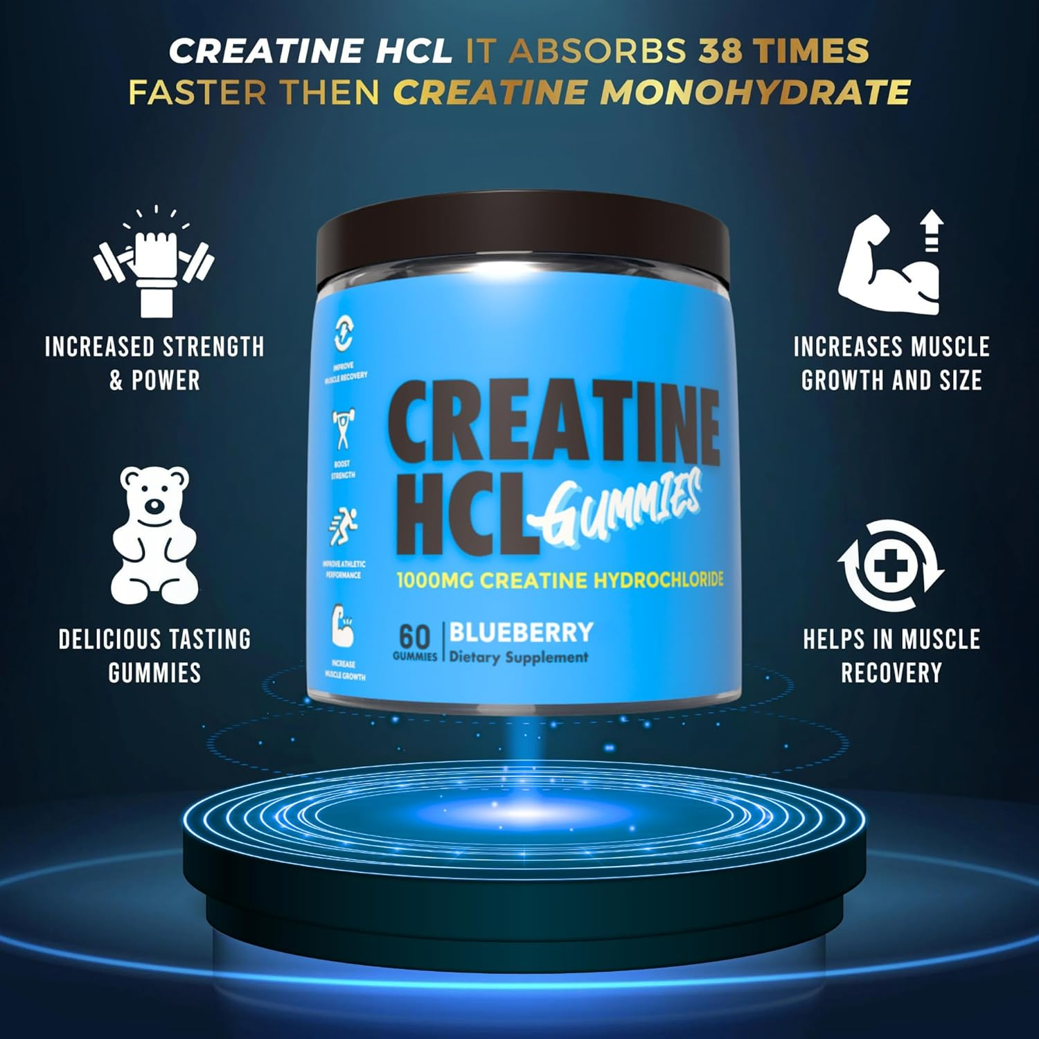 Creatine HCL Gummies &ndash; 1000Mg Blueberry Flavor for Rapid Absorption | Enhance Muscle Size, Strength, Endurance & Power | No Loading Required, Faster than Creatine Monohydrate | 30 Serves image number 1
