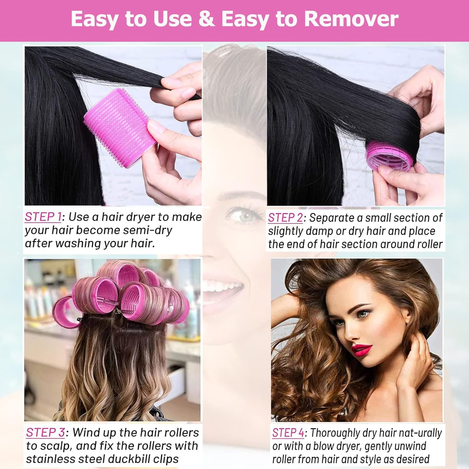 Curlers Large Curls 24 Pieces, Curlers without Heat Self-Adhesive Adhesive Rollers, Jumbo Large Hair Rollers Hair Rollers 64 Mm with 12 Pieces Duck Beak Clips for Long Hair and Short Hair image number 2