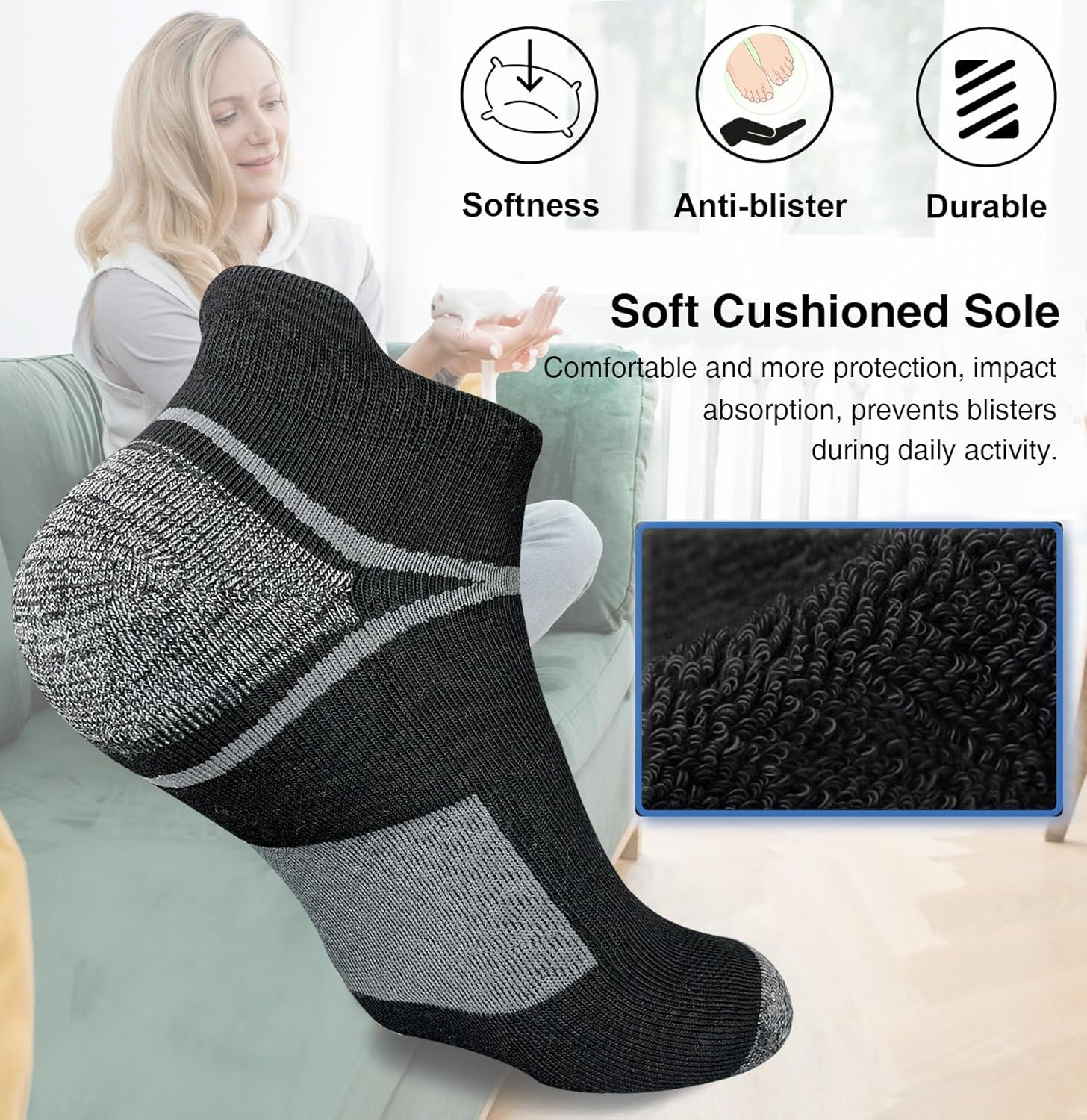 Mens Ankle Socks Anti-Blister Cushioned Athletic Running Socks with Arch Support 5 Pairs - White 5 Pairs image number 3