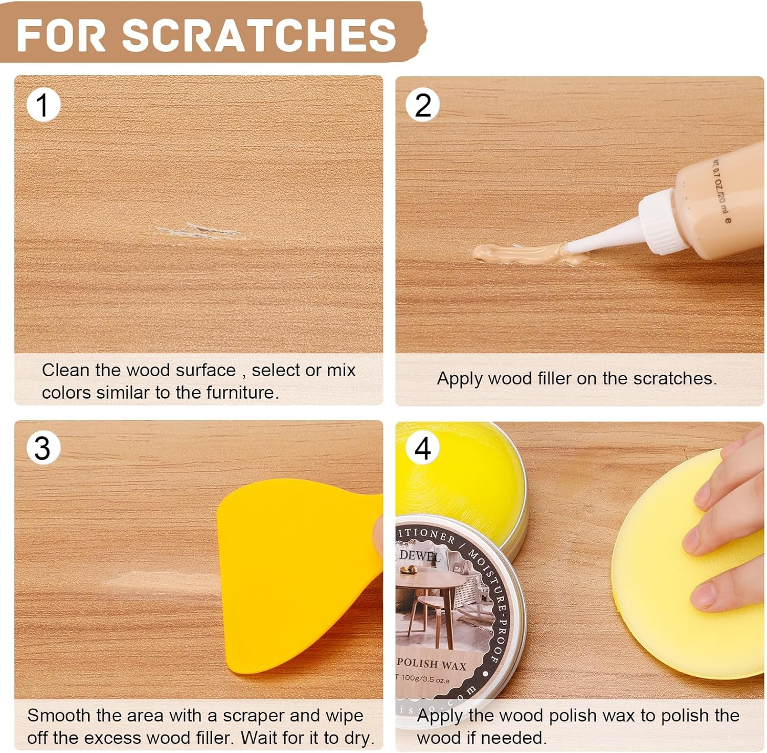DEWEL Wood Filler, Upgrade Wood Floor and Furniture Repair Kit, 18 Colors Wood Floor Scratch Remover, Wood Putty and Wood Polish for Wood Scratches, Crack, Holes, Laminate, Cabinet, Table, Oak, Walnut image number 2