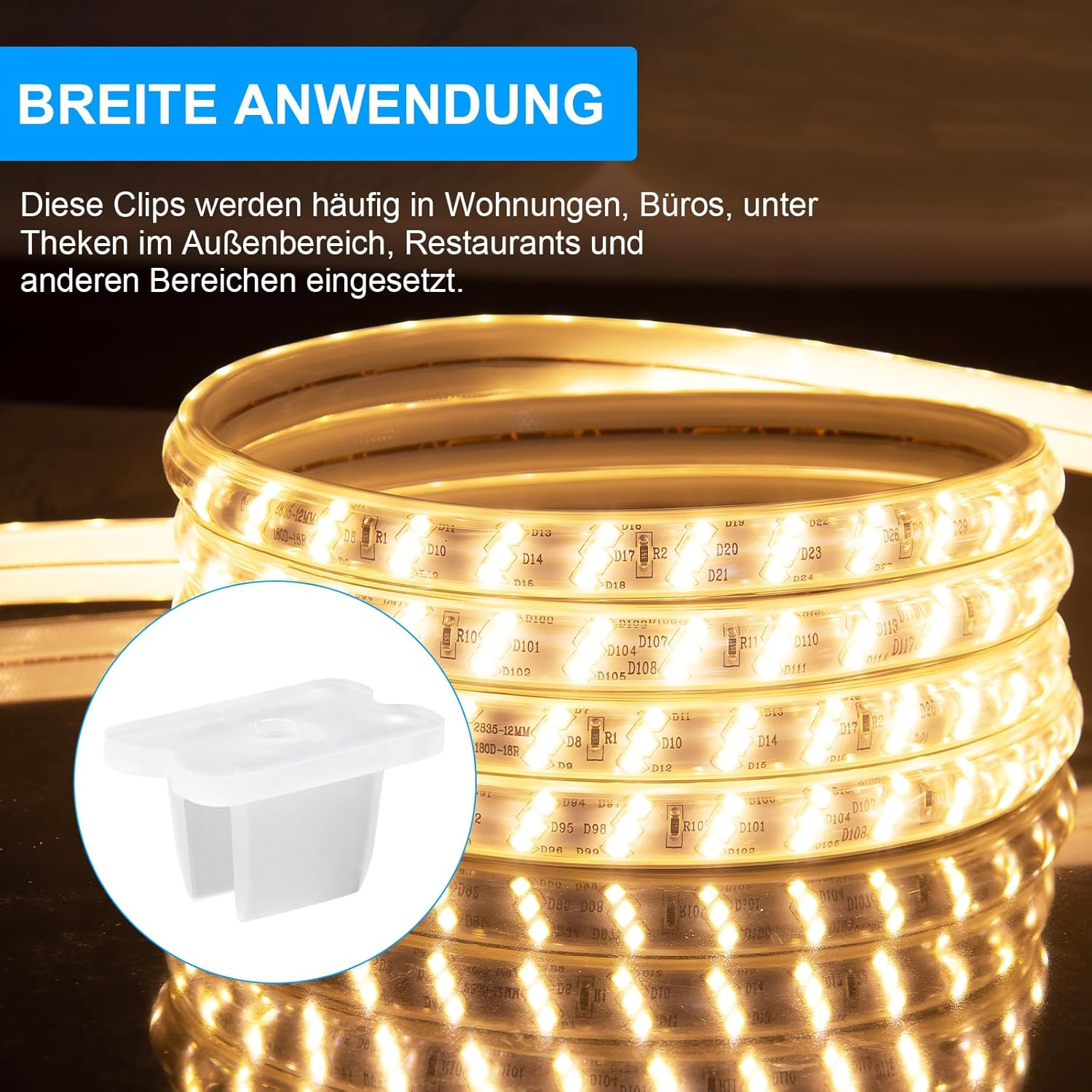 VOSSOT Pack of 50 Waterproof LED Light Strip Clips, Mounting Bracket Clips, Suitable for 5 Mm to 6 Mm Silicone LED Strip Holder, Includes Screws, Translucent