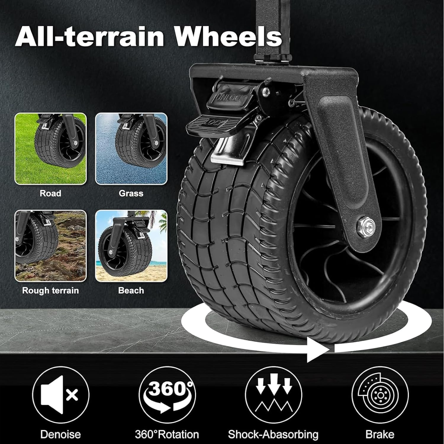 Collapsible Folding Wagon with Board Desktop, 10CM Wide Big Wheels with Brakes, Portable Large Wagon Cart, Bearing Capacity 175Kg Beach Wagon, Outdoor Stroller Wagon - Black image number 2