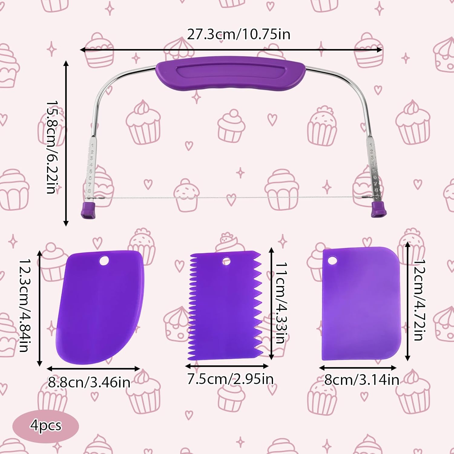 Cake Cutter, Adjustable Cake Leveler with Purple Baking Tools Set, 3-Piece Cake Slicer Kit for Uniform Cake Layers, 29 X 20 Cm Ideal for Home Bakers and Professionals image number 3