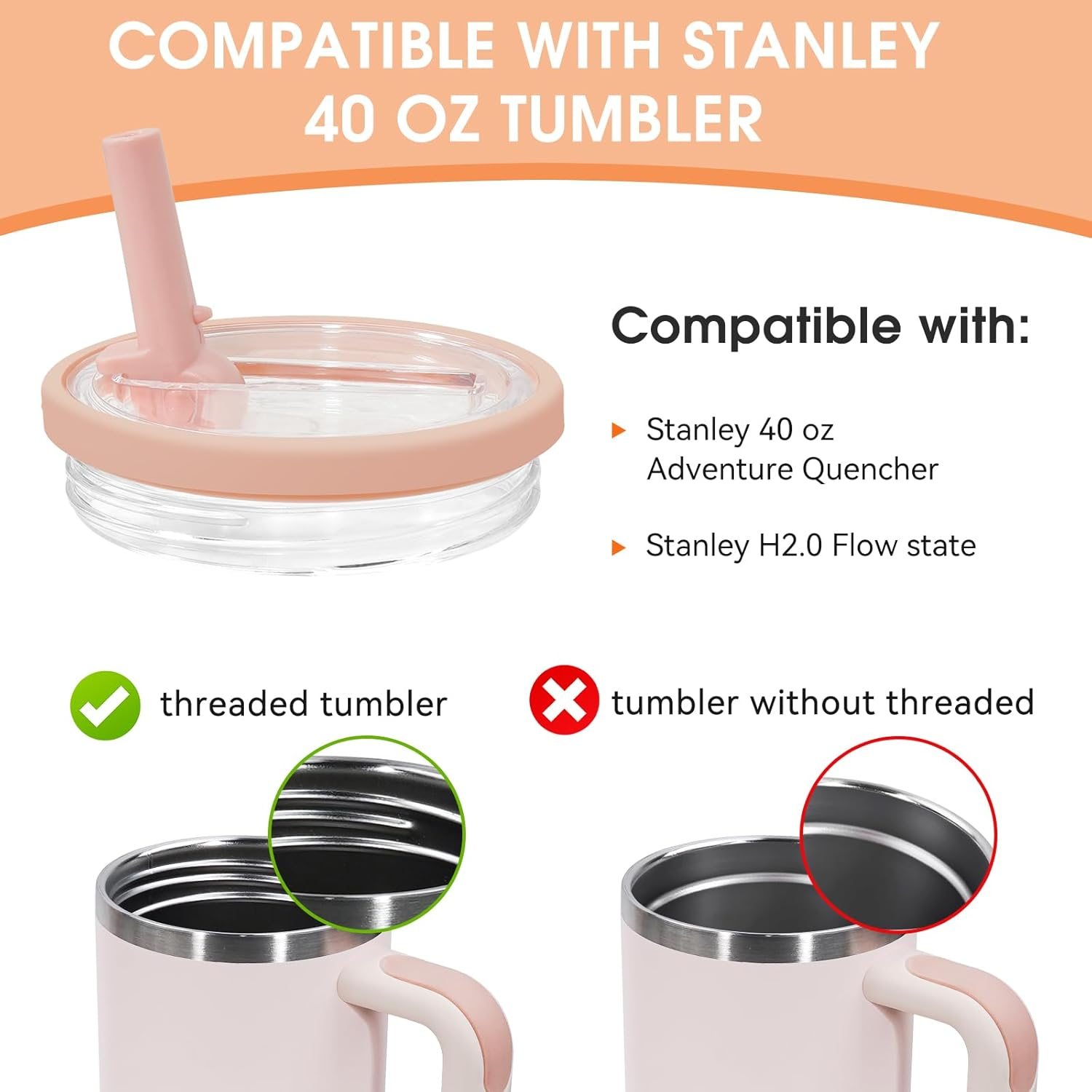 40Oz Spill Proof Flip Straw Lid Replacement for Stanley H2.0 Quencher,Leak Proof Tumbler Lid,2 Pack,Cream White,Pink image number 3