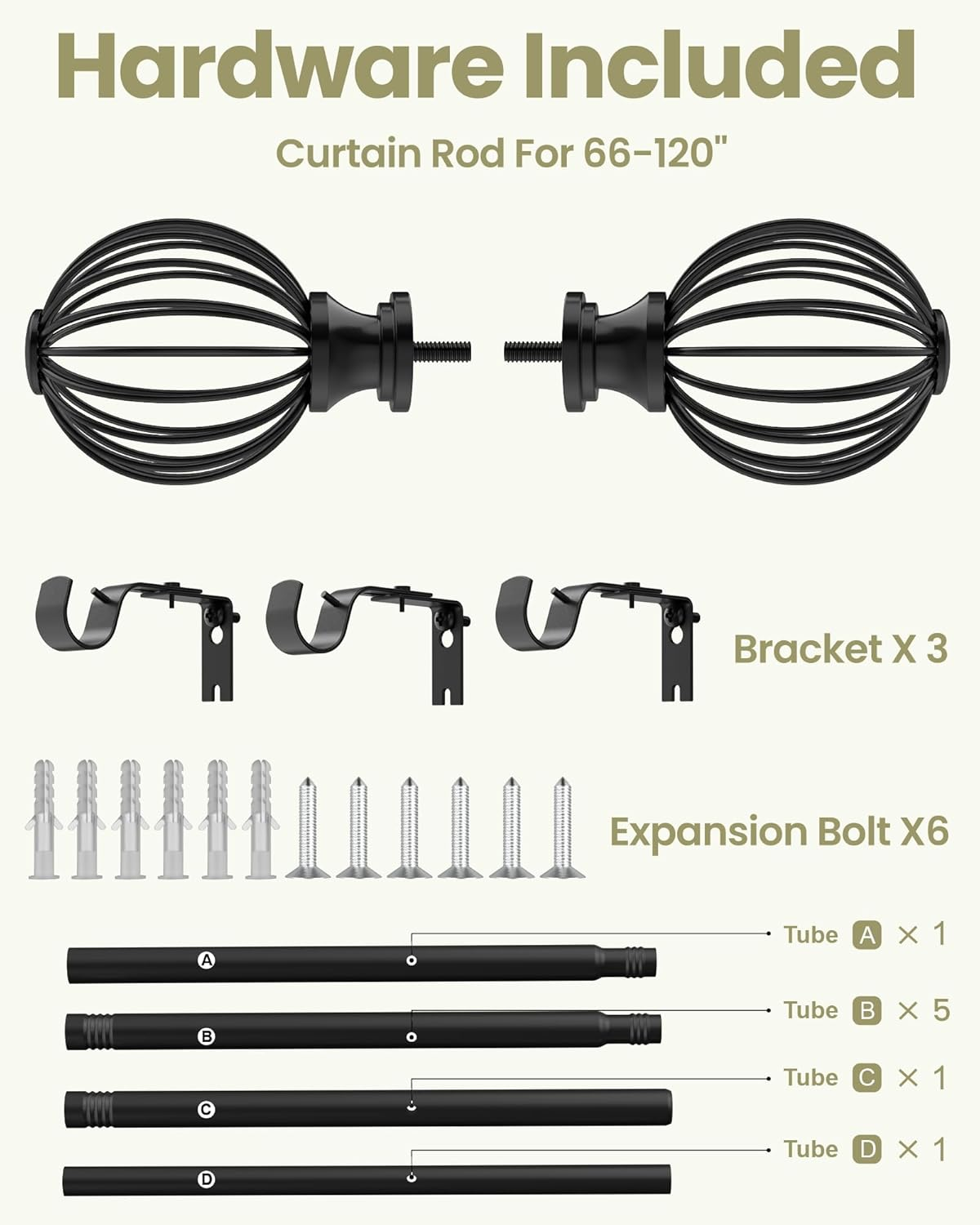 Adjustable Telescopic Window Curtain Rod, 2 Sizes, 2.5 Cm Diameter, Black with Metal Brackets (48"-84")