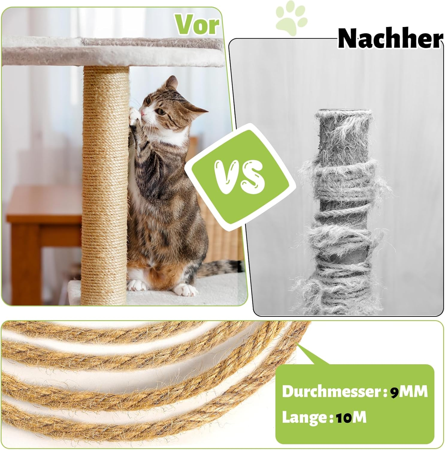 Sisal Rope for Cats, Scratching Post, 10 M X 9 Mm, Natural Sisal Rope for Cats with 2 Cat Toys, High-Quality Rope for Scratching Post Replacement, Cat Accessories, Crafts, Decorating Homes, DIY image number 2