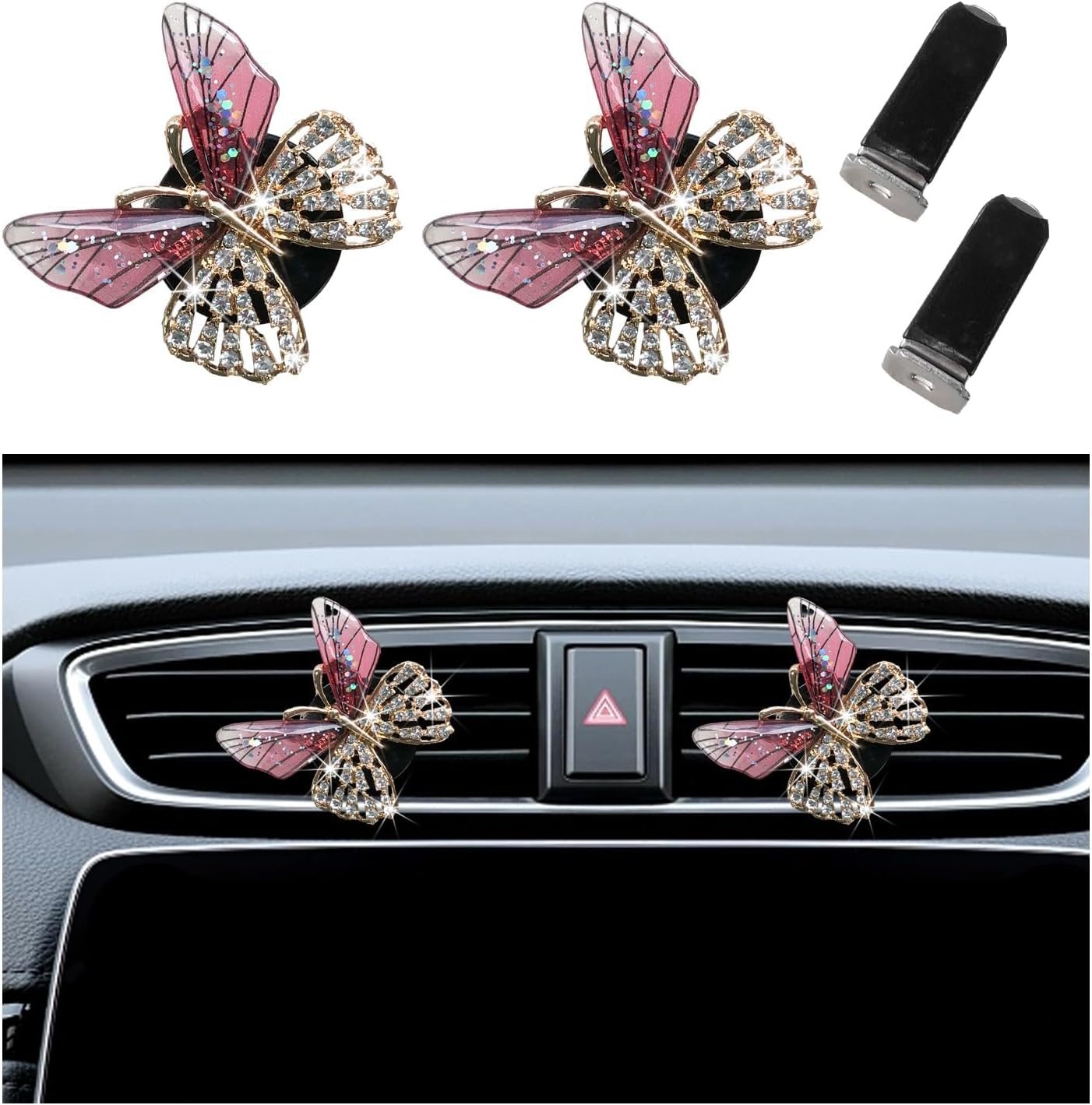 2PCS Bling Butterfly Air Vent Clips, Cute Crystal Car Air Fresheners Vent Clips, Rhinestone Diamond Auto Diffuser Vent Clip for Women Girls, Car Interior Decor Accessories (Rose Red)