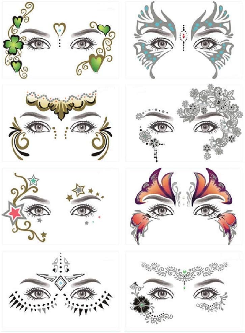 8 Pack Face Temporary Tattoo Waterproof Makeup Tattoo Stickers on Face Eye Forehead Body for Halloween Christmas Stage Masquerade Party