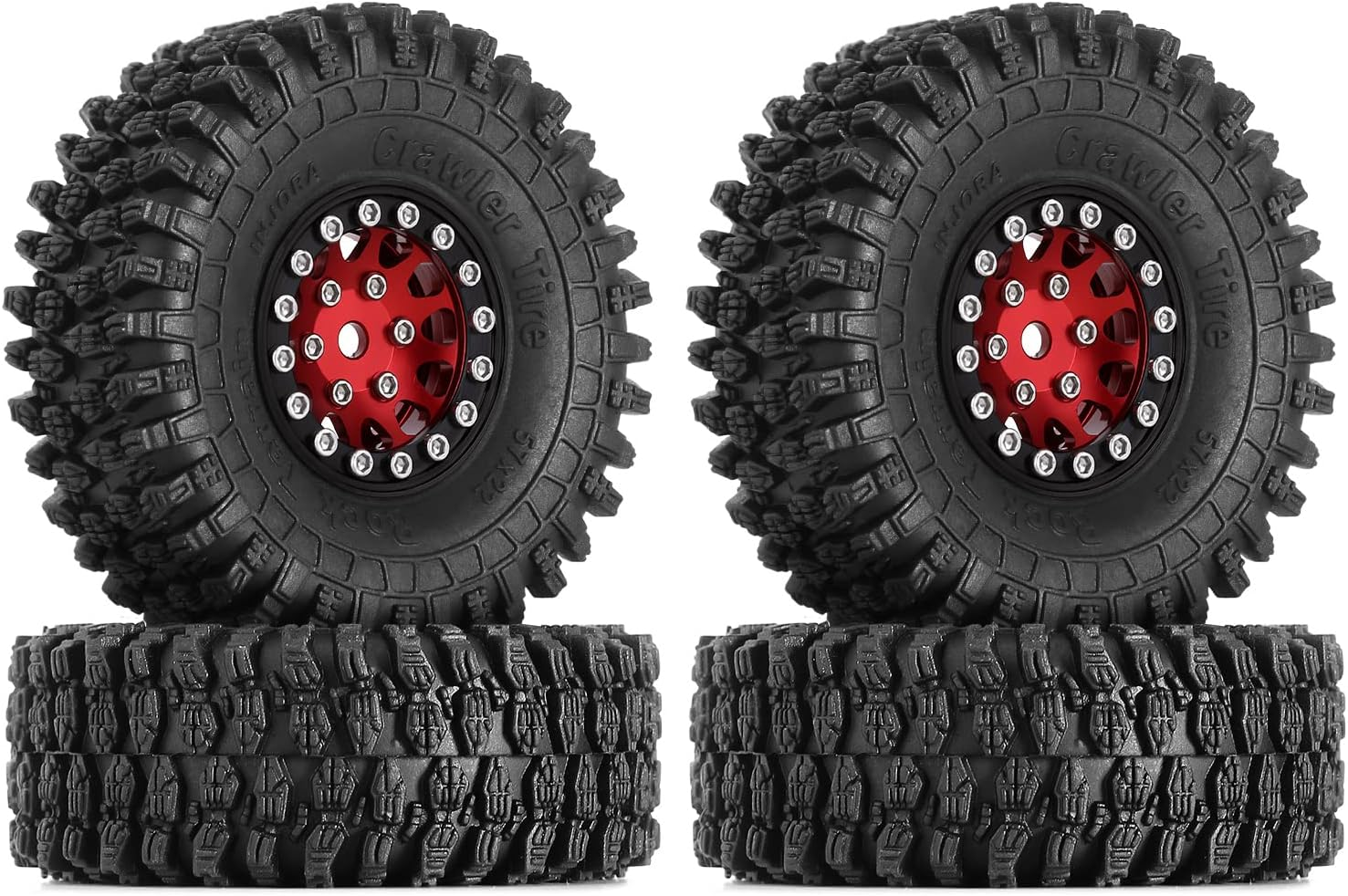 INJORA 1.0 Beadlock Wheel S5 Super Soft Sticky Crawler Tires for TRX4M Axial AX24 SCX24 FCX24 Enduro24 Upgrade, 57 * 22Mm(Red)