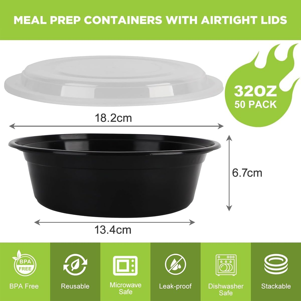 Blissify 32Oz round Meal Prep Containers with Lids, 50 Pack Food Storage Bento Bowls, Reusable Plastic Bento Lunch Box, BPA Free, Microwave Freezer Dishwasher Safe image number 3