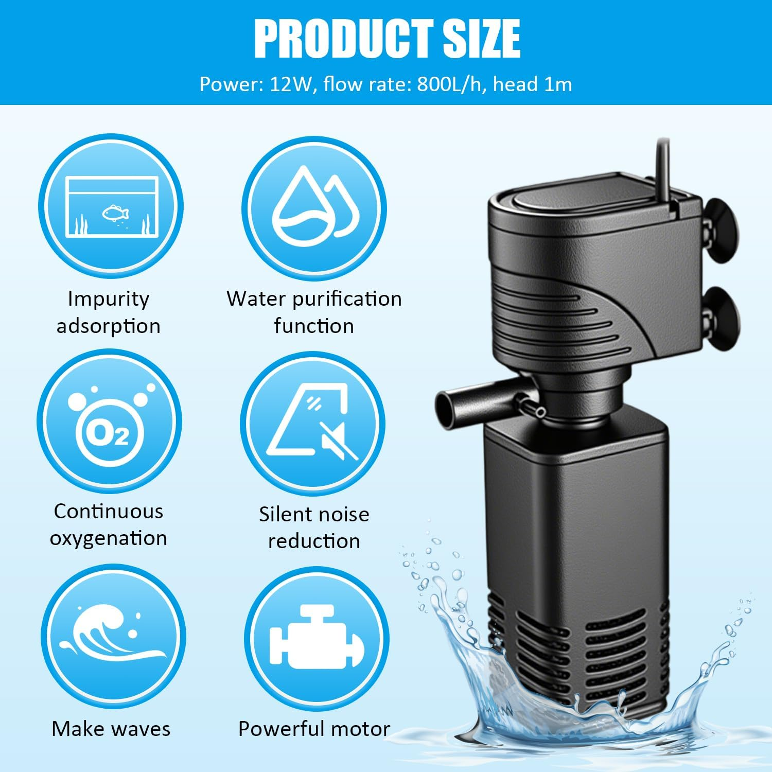 Submersible Fish Tank Filter, 12W Aquarium Filter with Water Pump, 800L/H Adjustable Internal Fish Tank Filter, for Aquarium Filtration, Oxygenation, Circulation image number 3