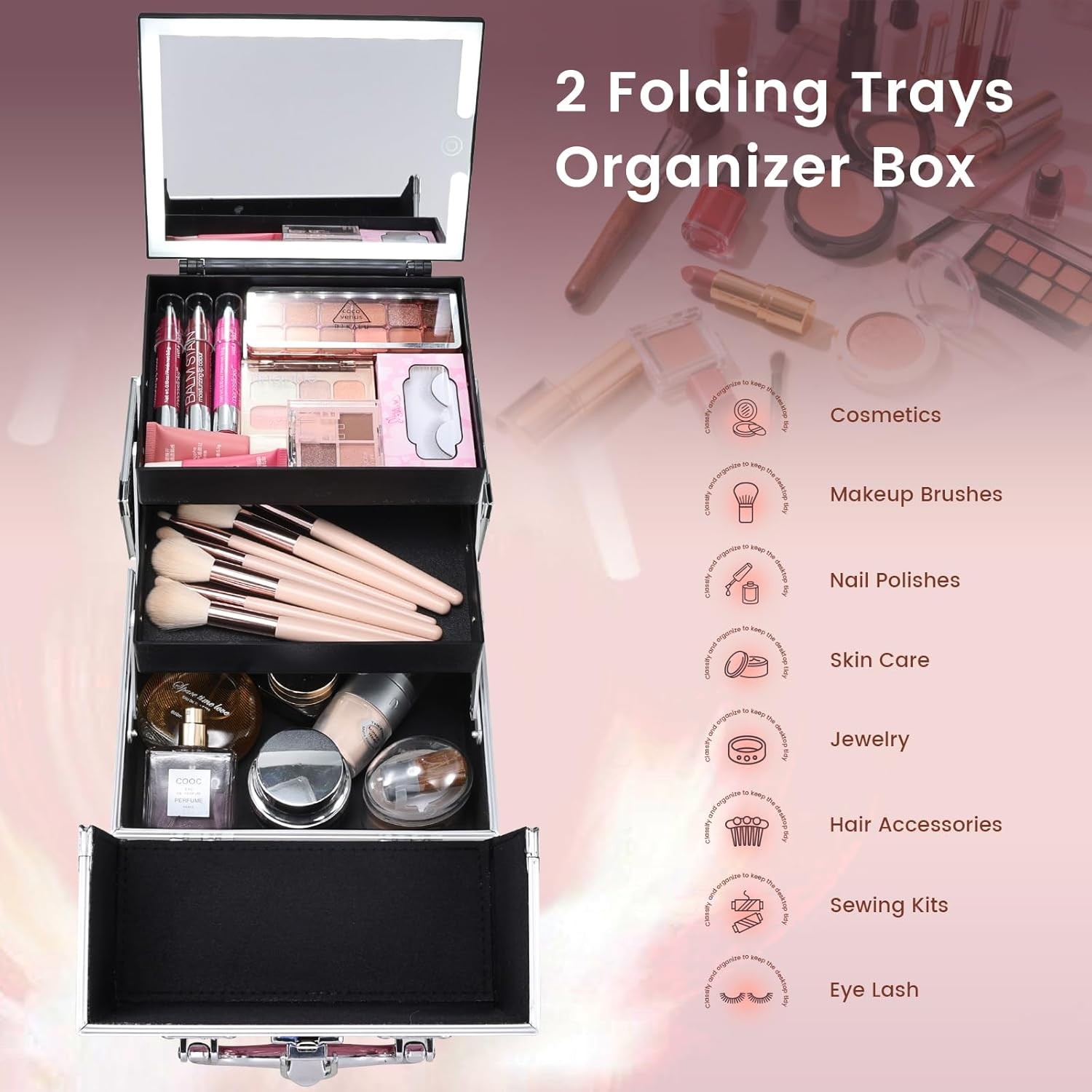 Makeup Case with Lighted Mirror Travel Makeup Organizer Box Portable Lockable 2 Trays Cosmetic Train Case with LED Mirror for Girls Make up Nail Kits Sewing Vanity Storage Case, Shiny Pink image number 1