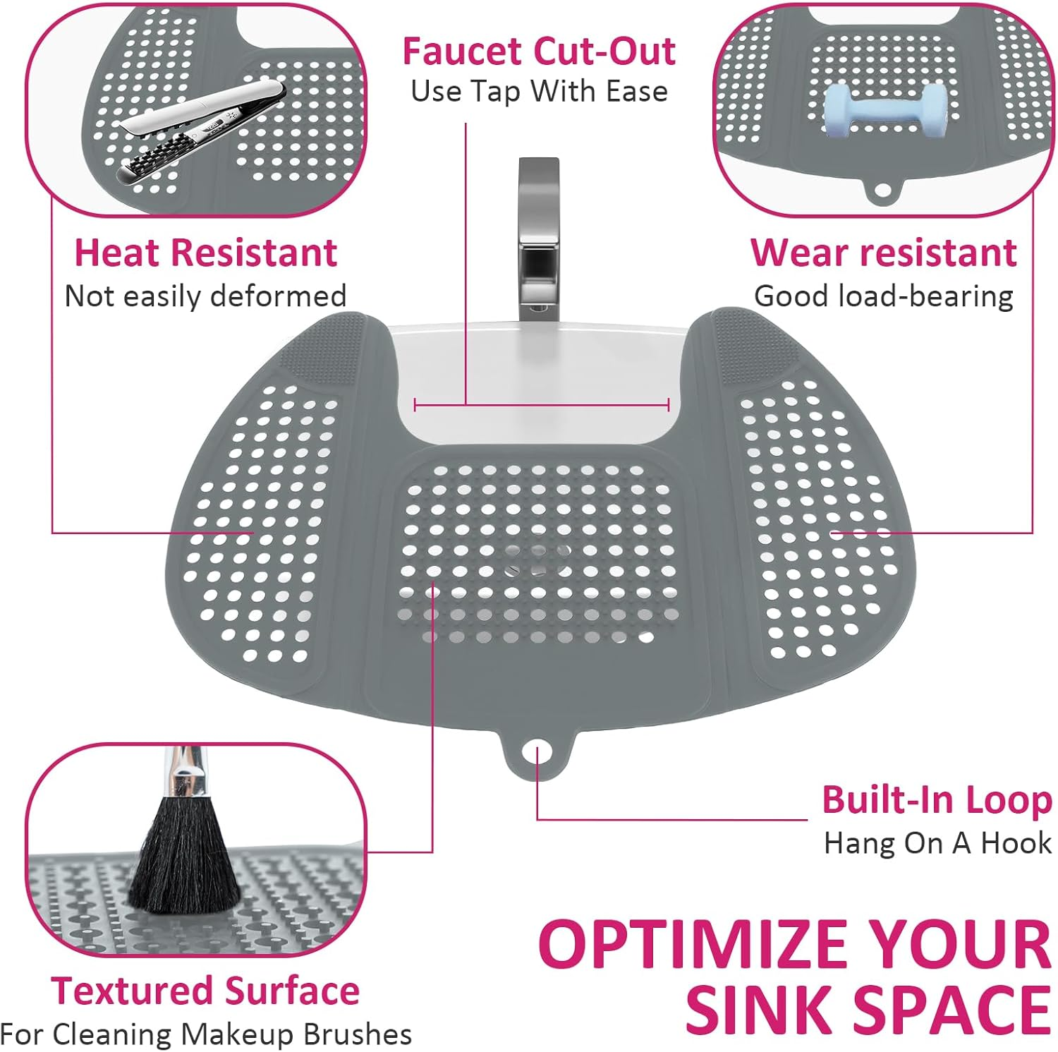 Foldable Bathroom Sink Cover for Counter Space - Silicone Makeup Mat over Sink - Heat Resistant Brush Cleaner Mat (Gray)