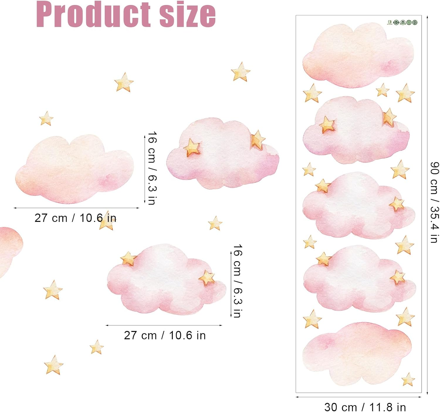Clouds and Stars Wall Stickers, Pink Removable Wall Mural Stickers Cloud Wallpaper Stick and Peel Vinyl Wall Art Decals for Kids Baby Nursery Bedroom Living Room Home Decor Gift image number 3